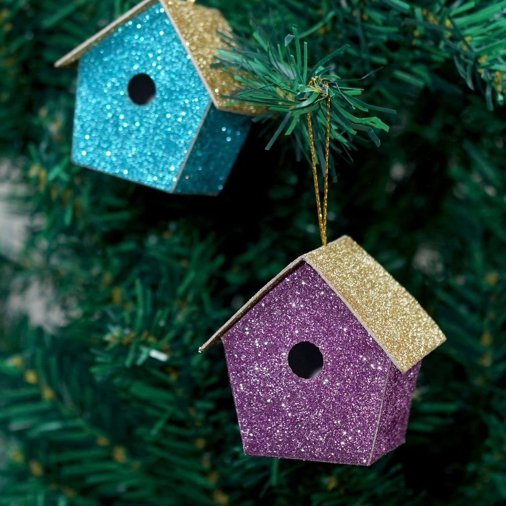 Handmade Christmas Ornaments - Glitter Bird house, H 1.5 X W 1.5 X L 1inch Assorted Colours - Blue, Purple, Silver, Pink, 8pc