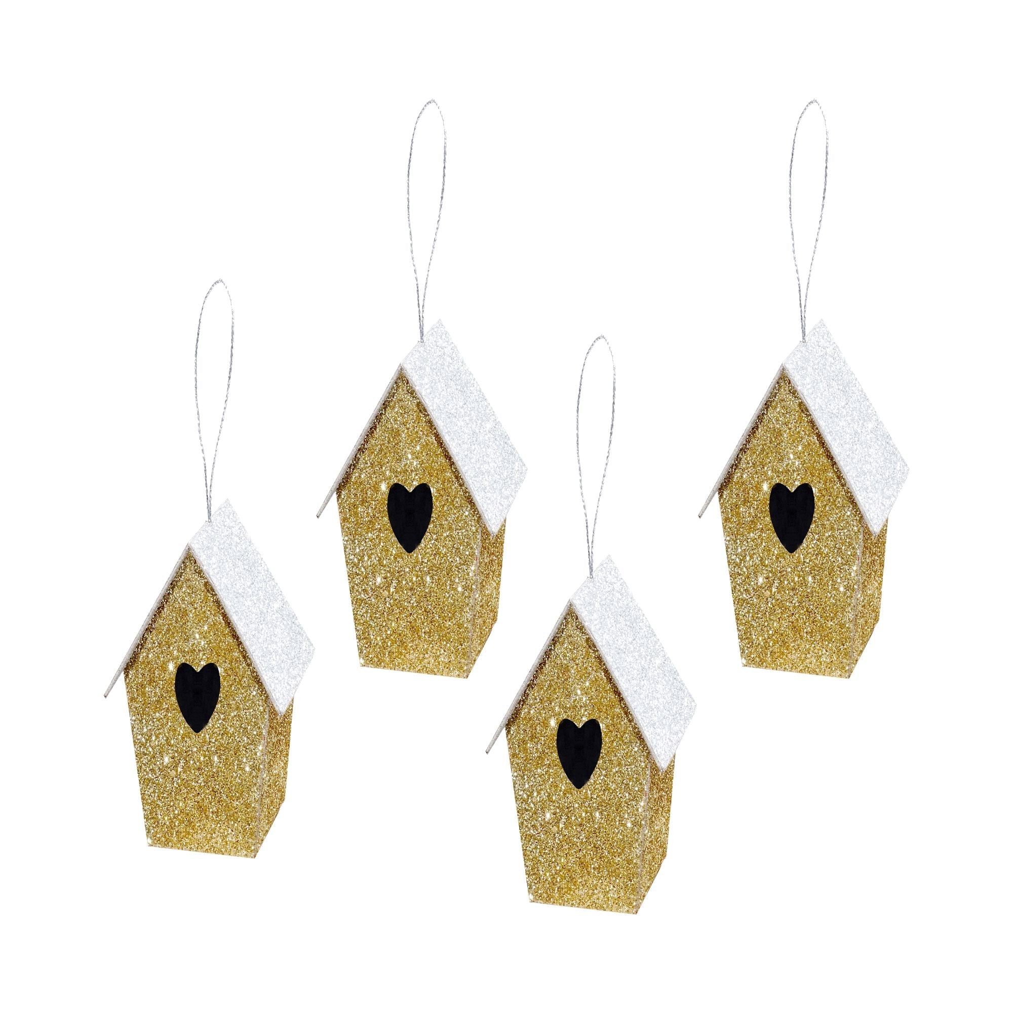 Handmade Christmas Ornaments - Glitter Bird house, Height 2.5 X Width 2.5 X Length 1.5inch, Gold, 4pc