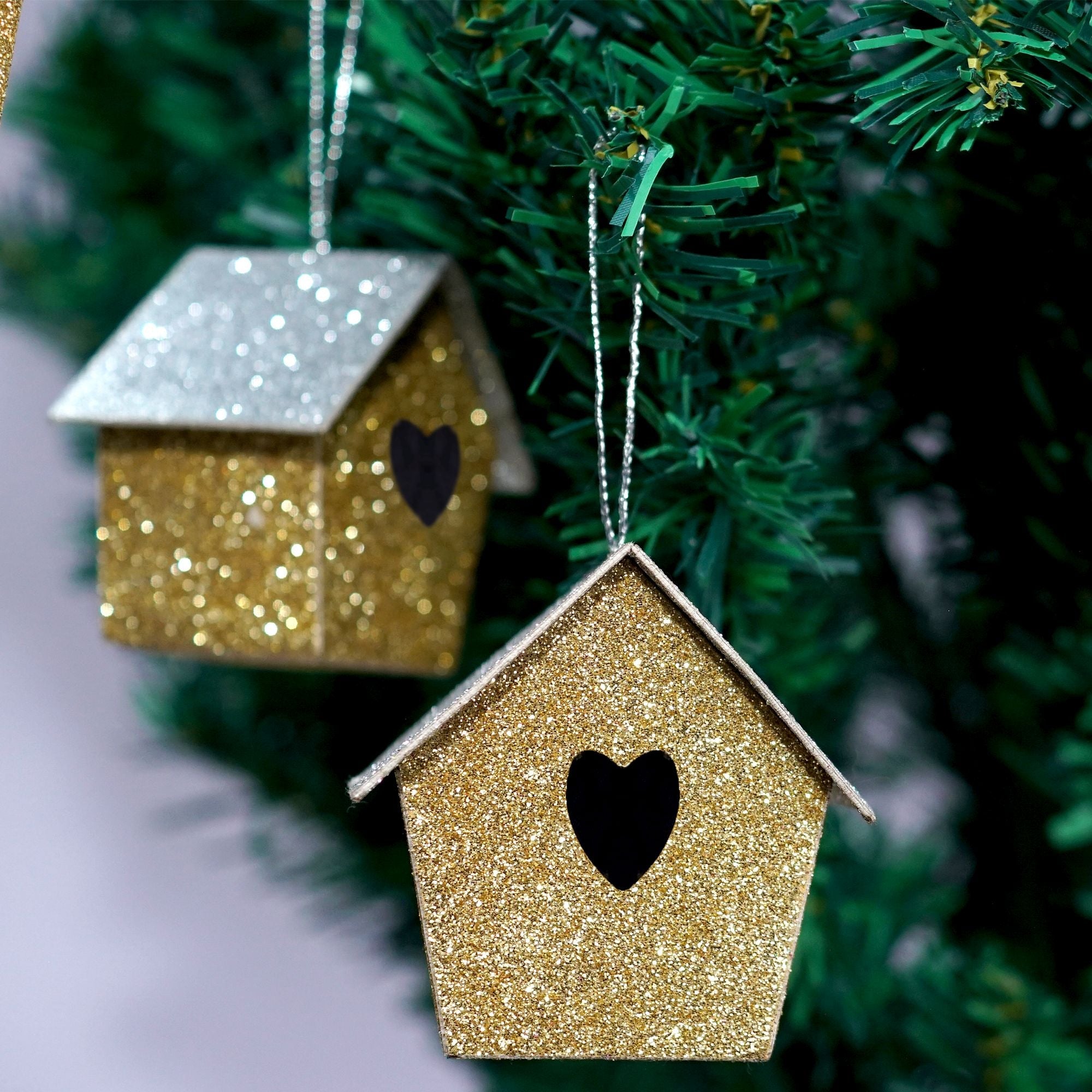 Handmade Christmas Ornaments - Glitter Bird house, Height 2.5 X Width 2.5 X Length 1.5inch, Gold, 4pc