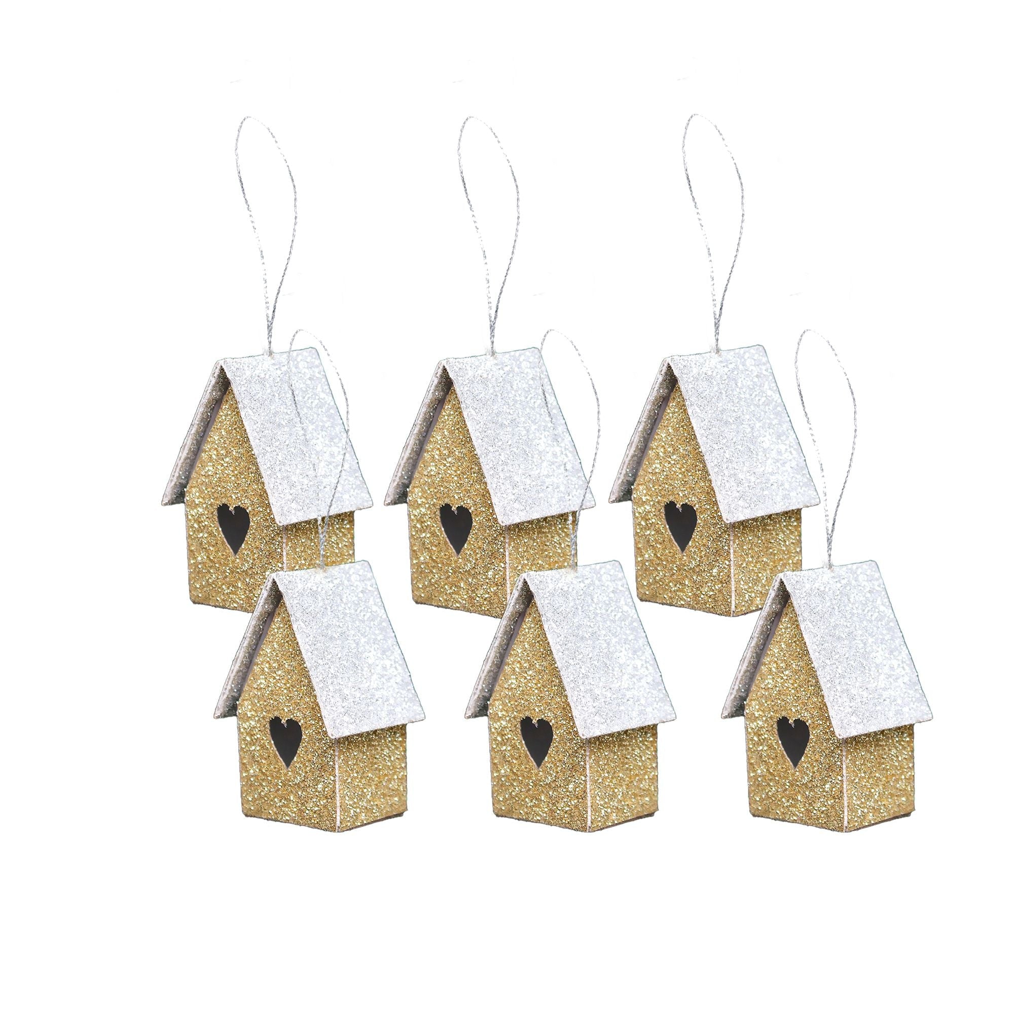 Handmade Christmas Ornaments - Glitter Bird house, Height 2 X Width 2 X Length 1.18inch, Gold, 6pc