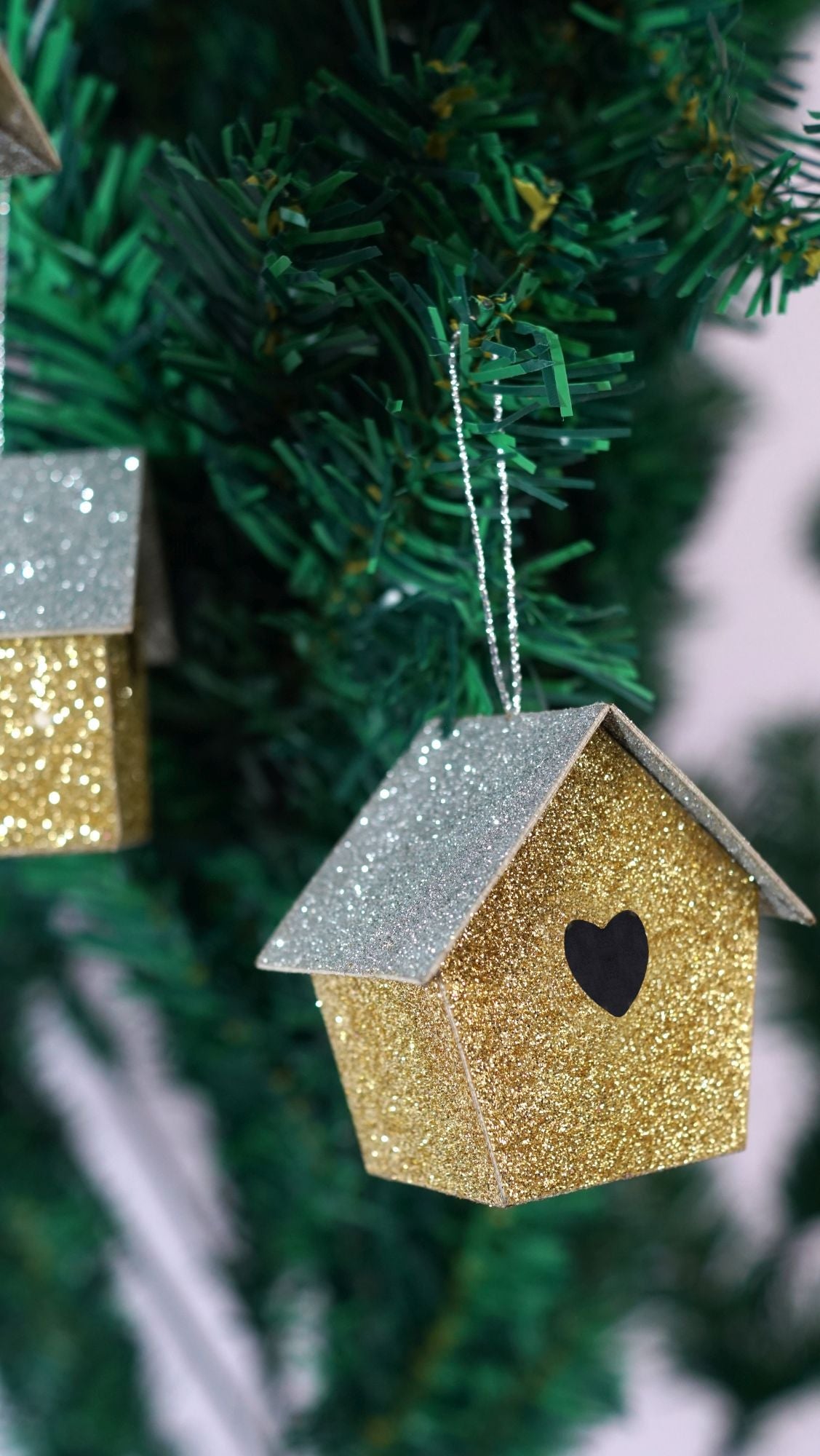 Handmade Christmas Ornaments - Glitter Bird house, Height 2 X Width 2 X Length 1.18inch, Gold, 6pc