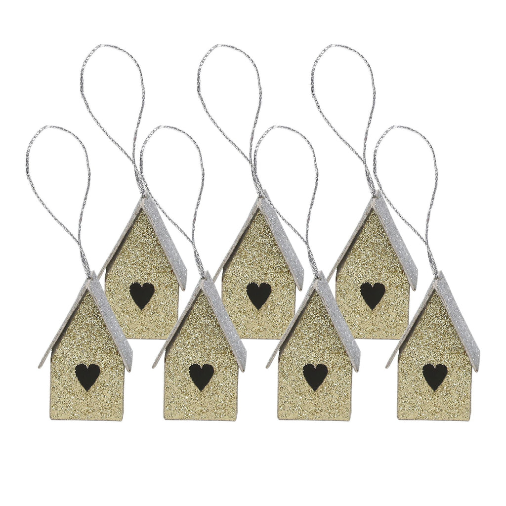 Handmade Christmas Ornaments - Glitter Bird house, Height 1.5 X Width 1.5 X Length 1inch, Gold, 8pc