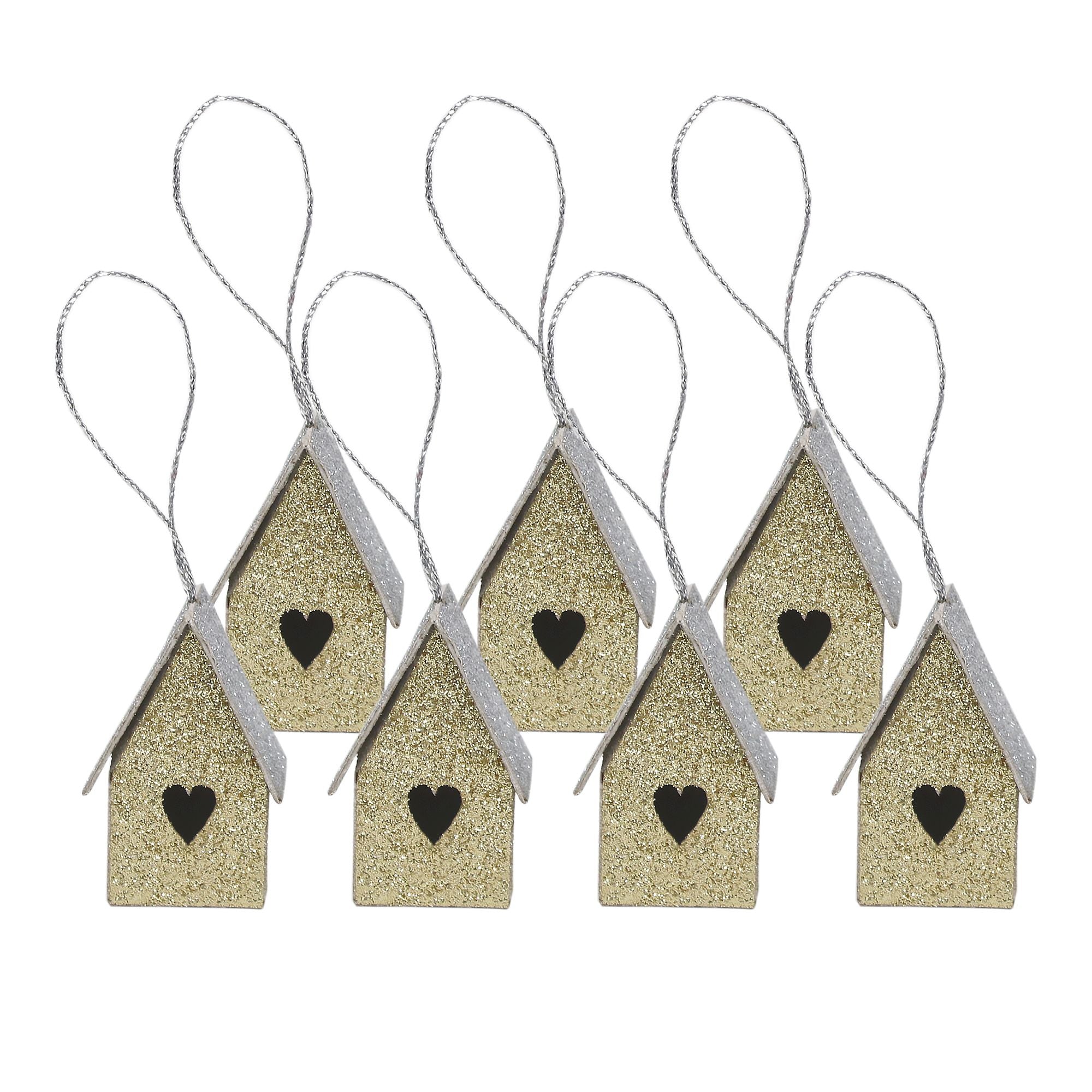 Handmade Christmas Ornaments - Glitter Bird house, Height 1.5 X Width 1.5 X Length 1inch, Gold, 8pc