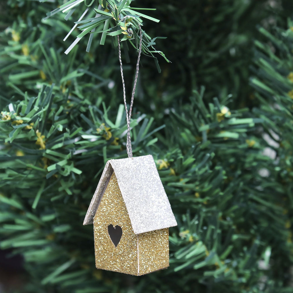 Handmade Christmas Ornaments - Glitter Bird house, Height 1.5 X Width 1.5 X Length 1inch, Gold, 8pc