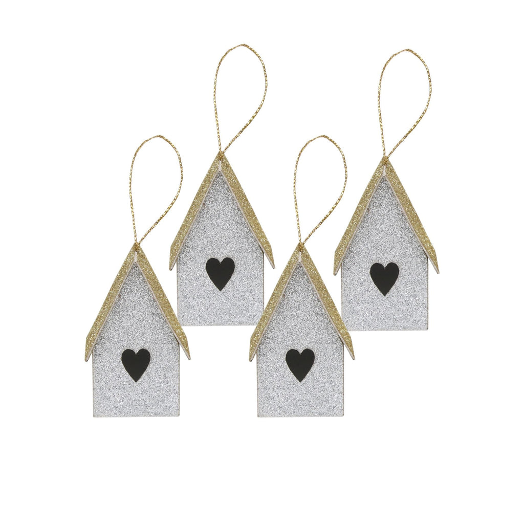 Handmade Christmas Ornaments - Glitter Bird house, Height 2.5 X Width 2.5 X Length 1.5inch, Silver, 4pc