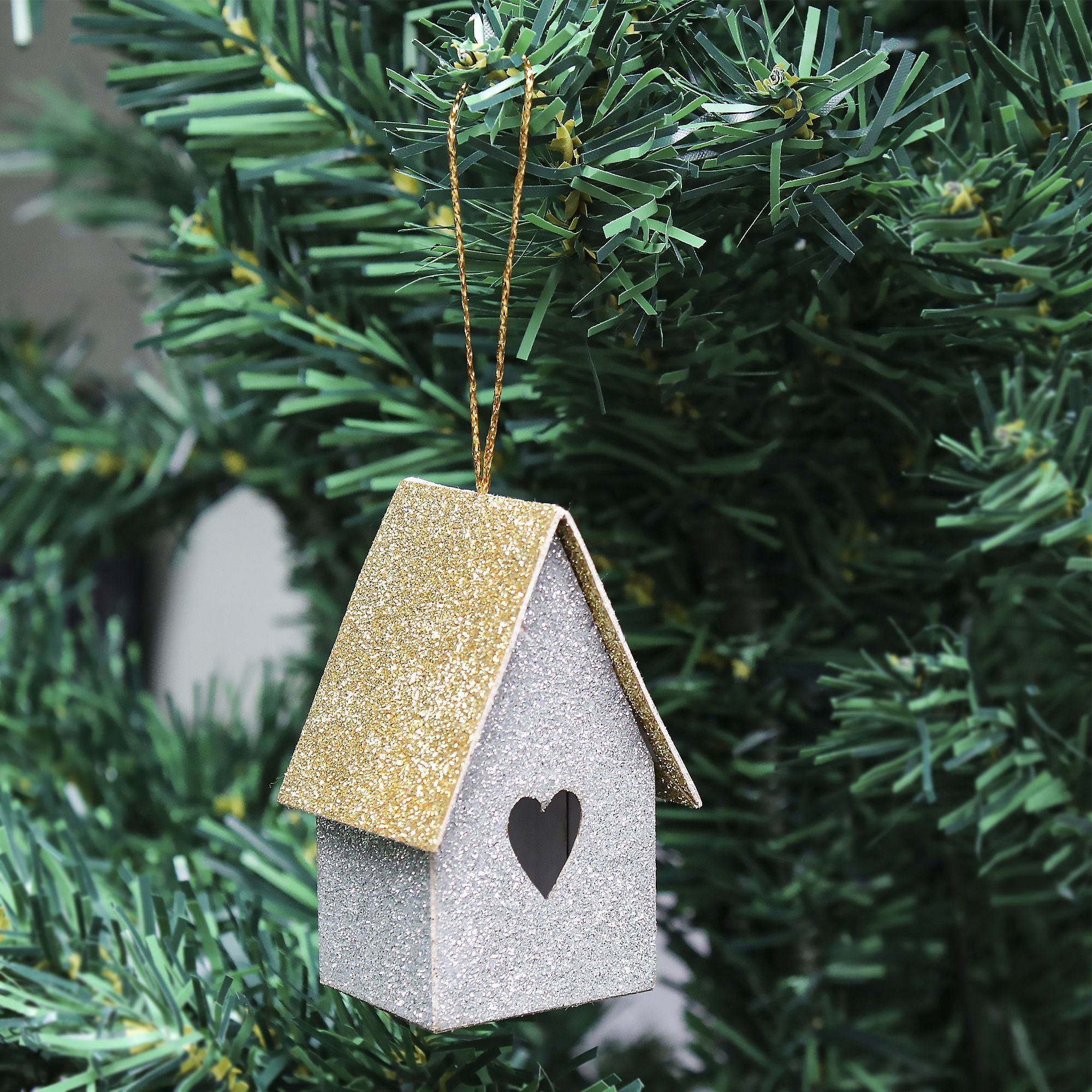 Handmade Christmas Ornaments - Glitter Bird house, Height 2.5 X Width 2.5 X Length 1.5inch, Silver, 4pc