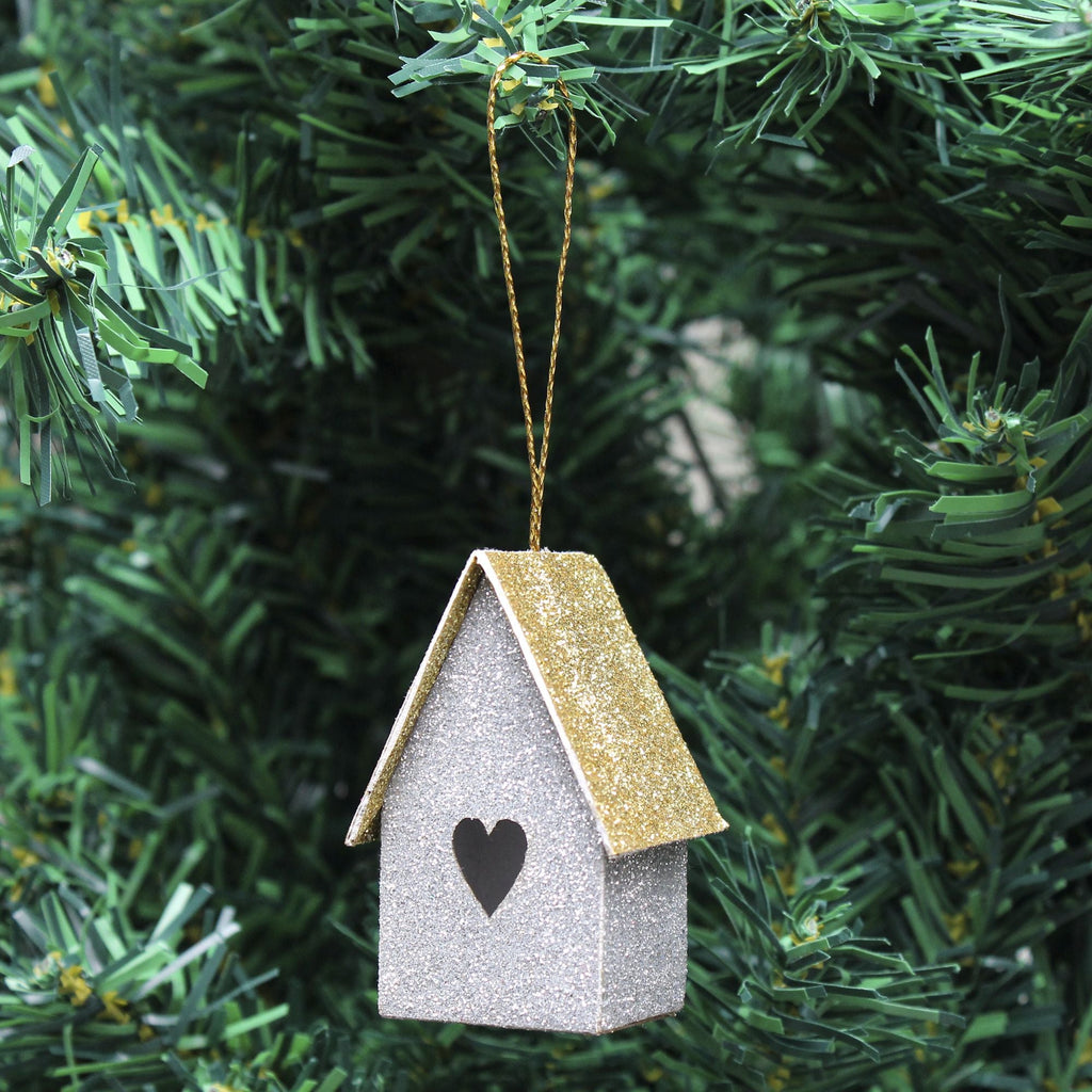 Handmade Christmas Ornaments - Glitter Bird house, Height 2 X Width 2 X Length 1.18inch, Silver, 6pc
