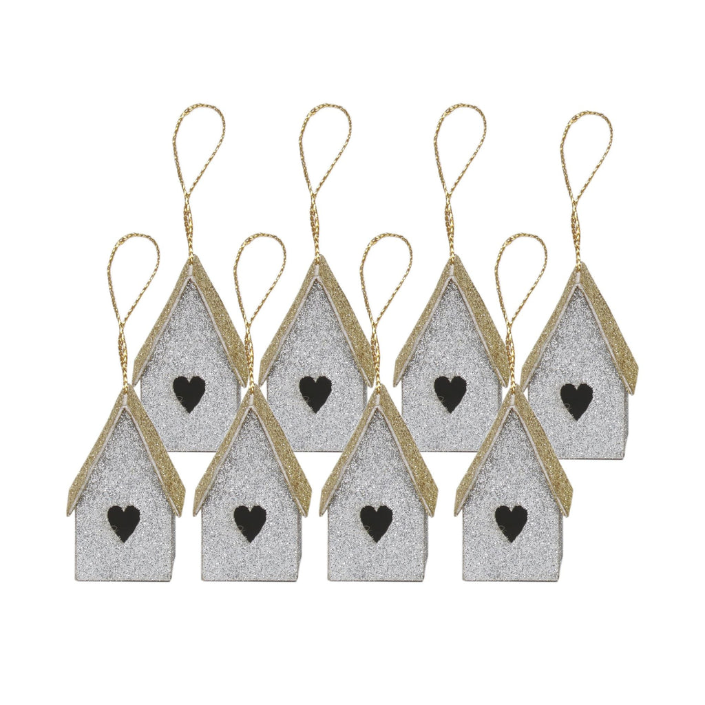 Handmade Christmas Ornaments - Glitter Bird house, H 1.5 X W 1.5 X L 1inch, Silver, 8pc