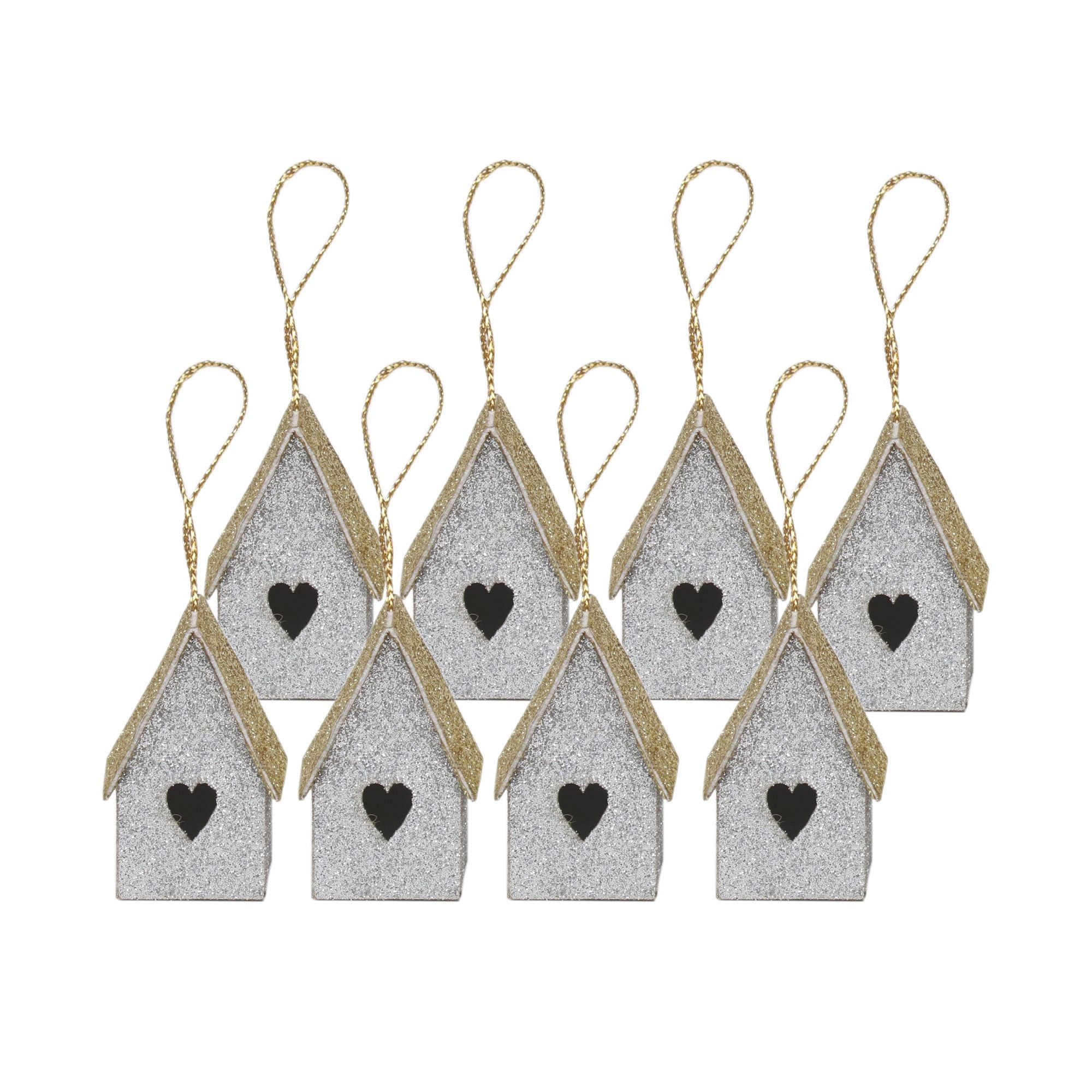 Handmade Christmas Ornaments - Glitter Bird house, H 1.5 X W 1.5 X L 1inch, Silver, 8pc