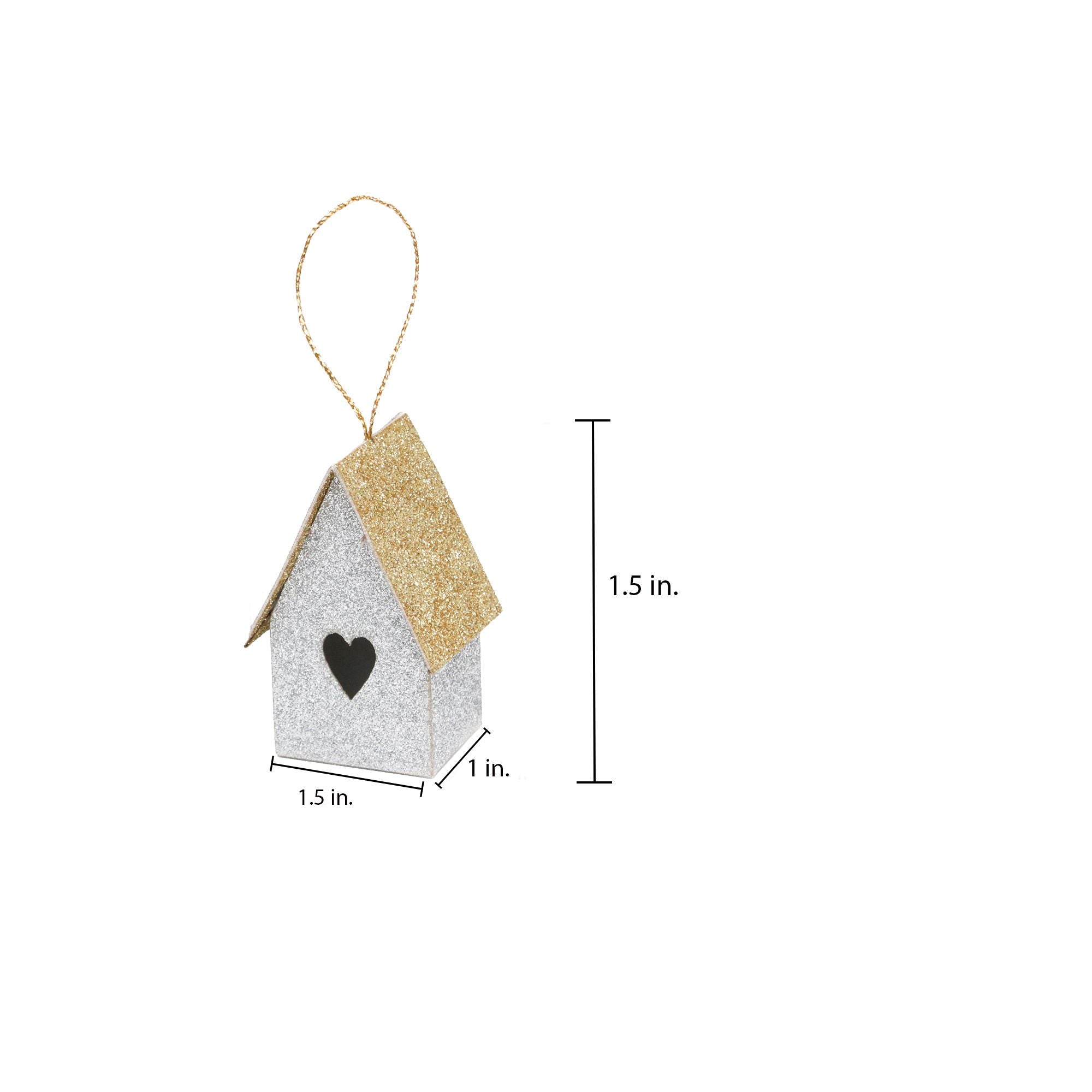 Handmade Christmas Ornaments - Glitter Bird house, H 1.5 X W 1.5 X L 1inch, Silver, 8pc