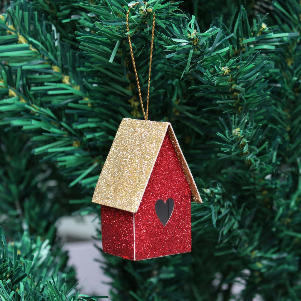 Handmade Christmas Ornaments - Glitter Bird house, Height 2.5 X Width 2.5 X Length 1.5inch, Red, 4pc
