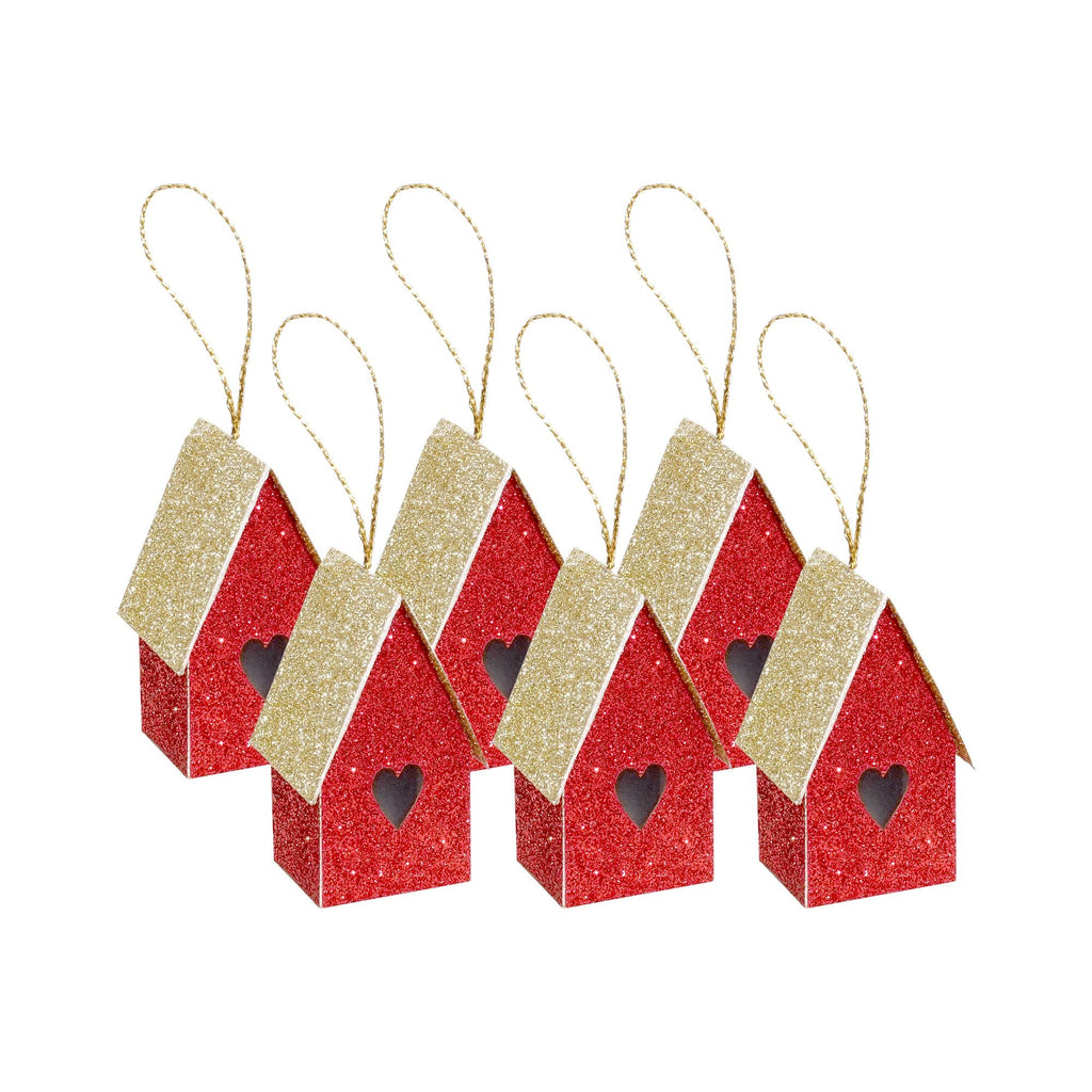 Handmade Christmas Ornaments - Glitter Bird house, Height 2 X Width 2 X Length1.18inch, Red, 6pc