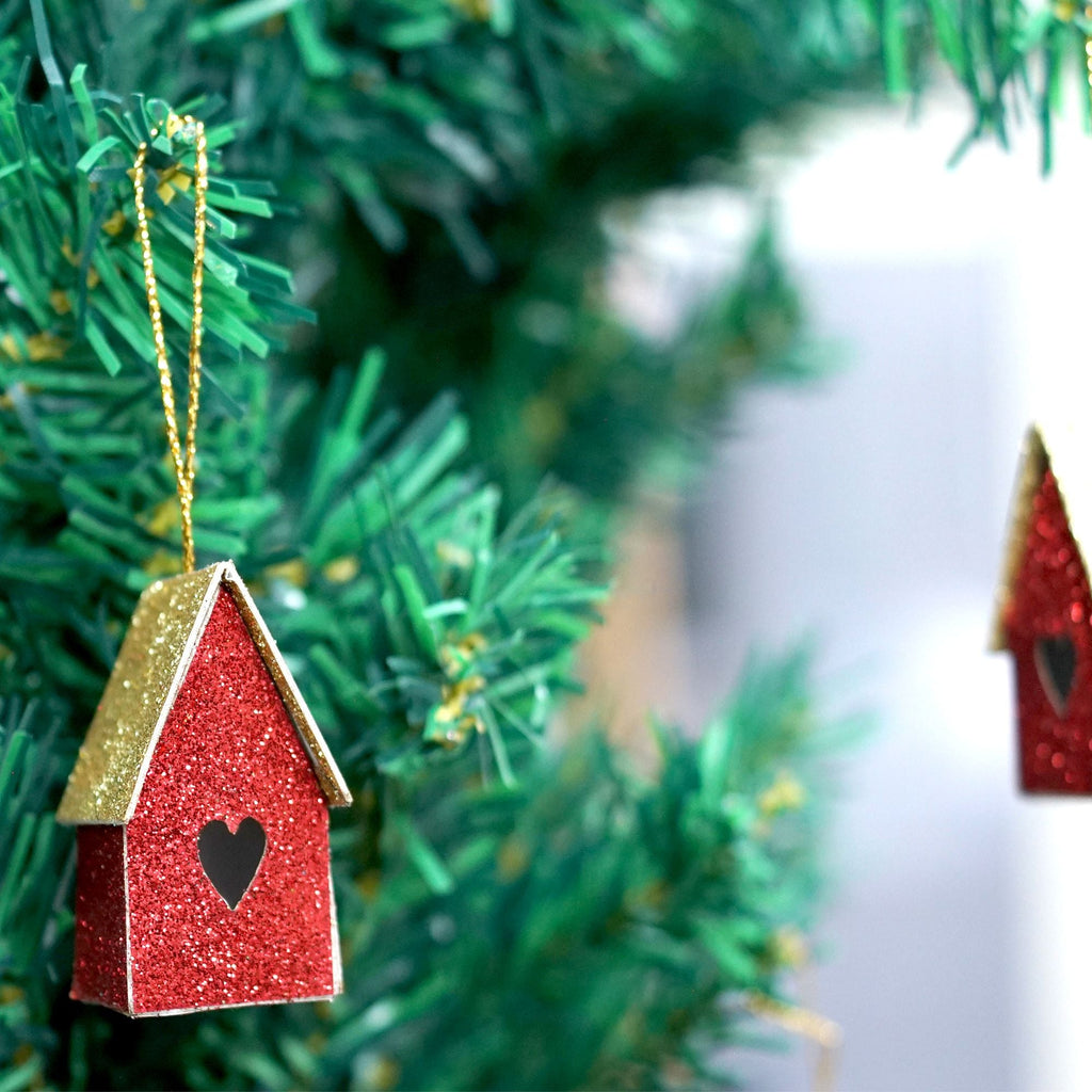 Handmade Christmas Ornaments - Glitter Bird house  H 1.5 X W1.5 X L 1inch, Red, 8pc
