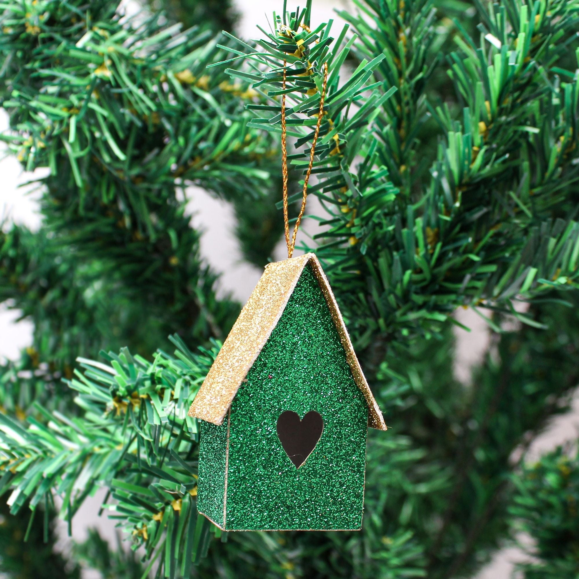 Handmade Christmas Ornaments - Glitter Bird house Height 2.5 X Width2.5 X Length1.5inch, Green, 4pc