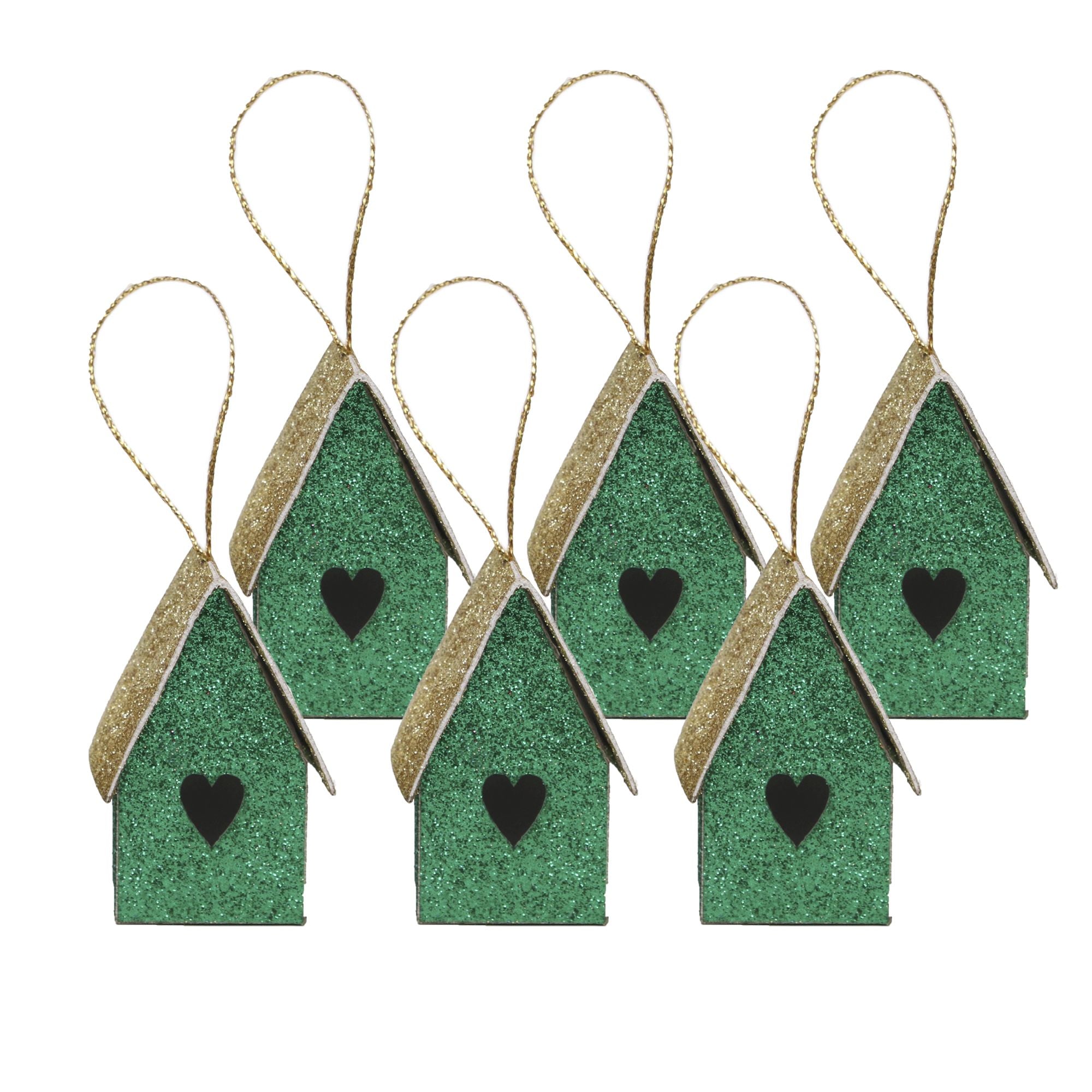 Handmade Christmas Ornaments - Glitter Bird house H 2 X W 2 X L 1.18inch, Green, 6pc
