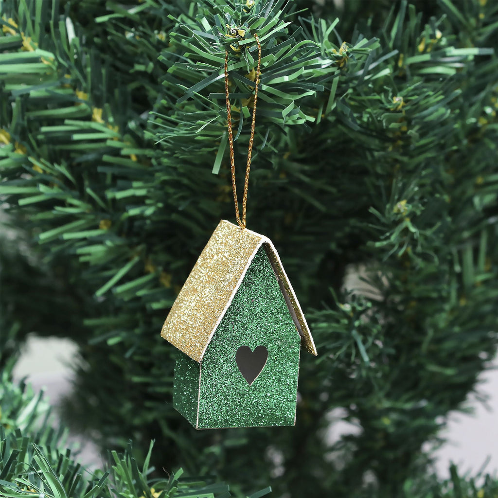 Handmade Christmas Ornaments - Glitter Bird house H 2 X W 2 X L 1.18inch, Green, 6pc