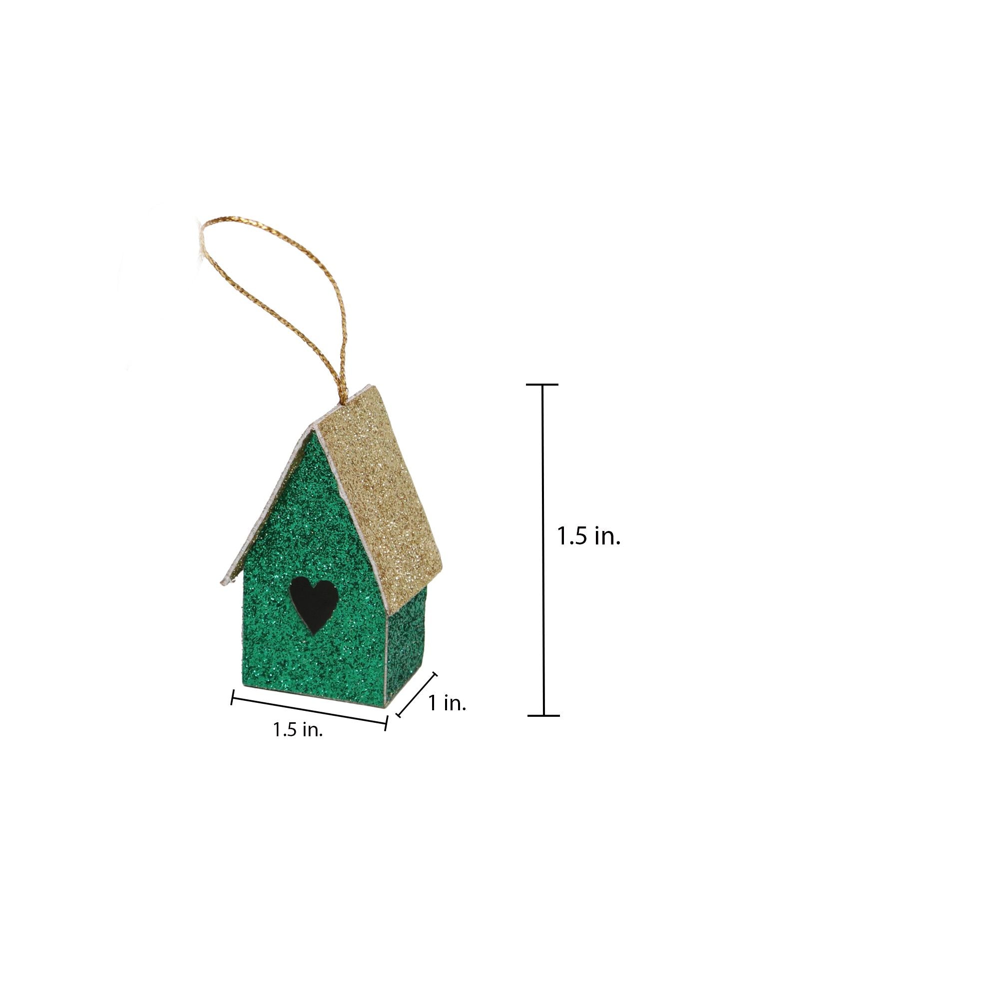 Handmade Christmas Ornaments - Glitter Bird house H 1.5 X W 1.5 X L 1inch, Green, 8pc
