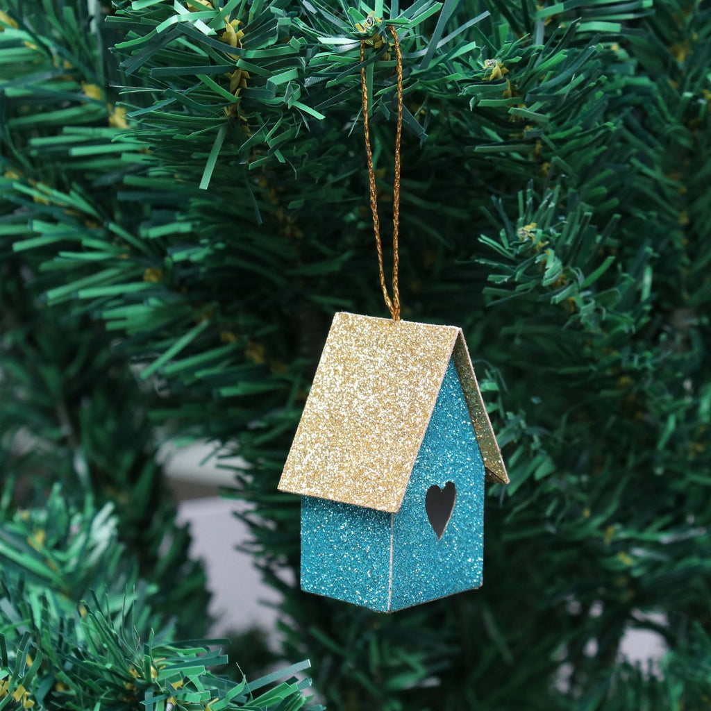 Handmade Christmas Ornaments - Glitter Bird house H 2 X W 2 X L 1.18inch, Heart Blue, 6pc