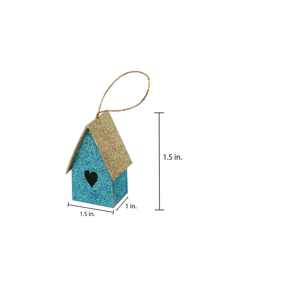 Handmade Christmas Ornaments - Glitter Bird house H 1.5 X W 1.5 X L 1inch, Blue, 8pc