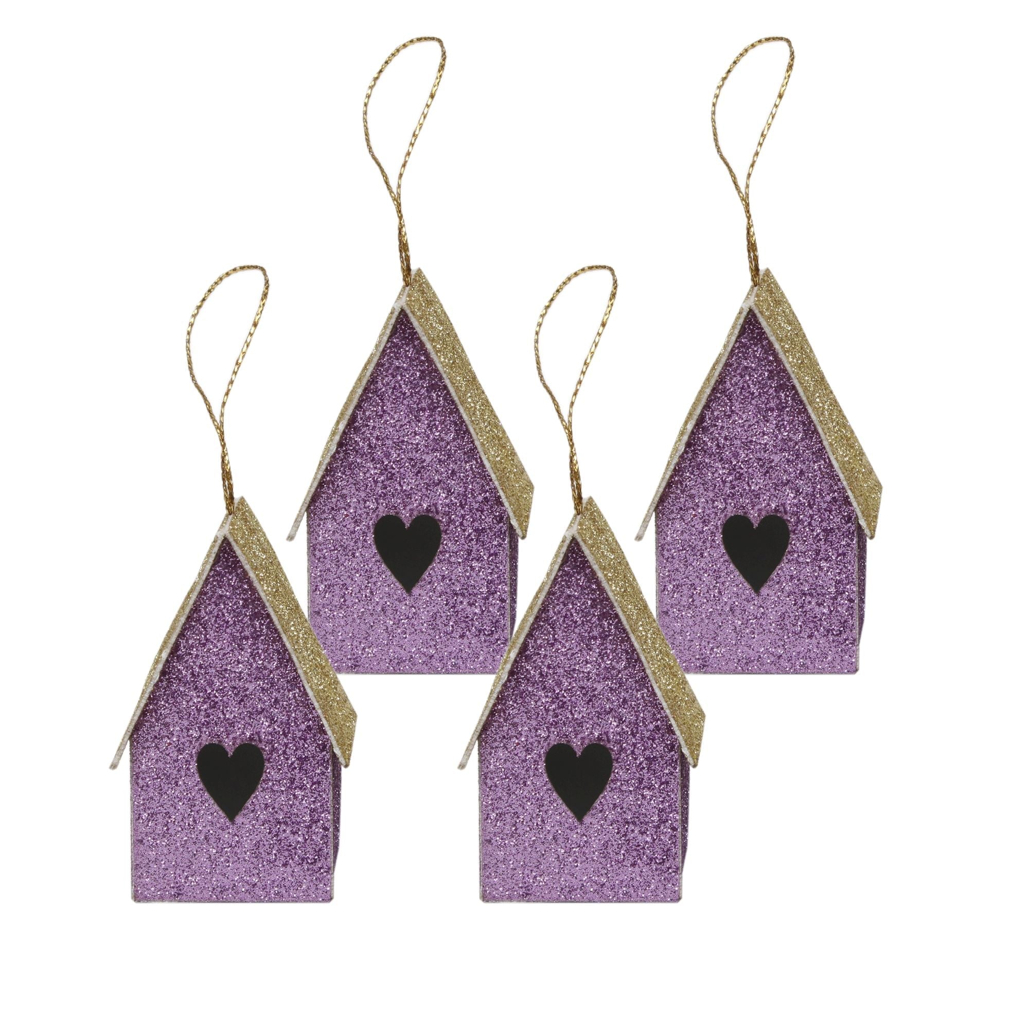 Handmade Christmas Ornaments - Glitter Bird house H 2.5 X W 2.5 X L 1.5inch, purple , 4pc