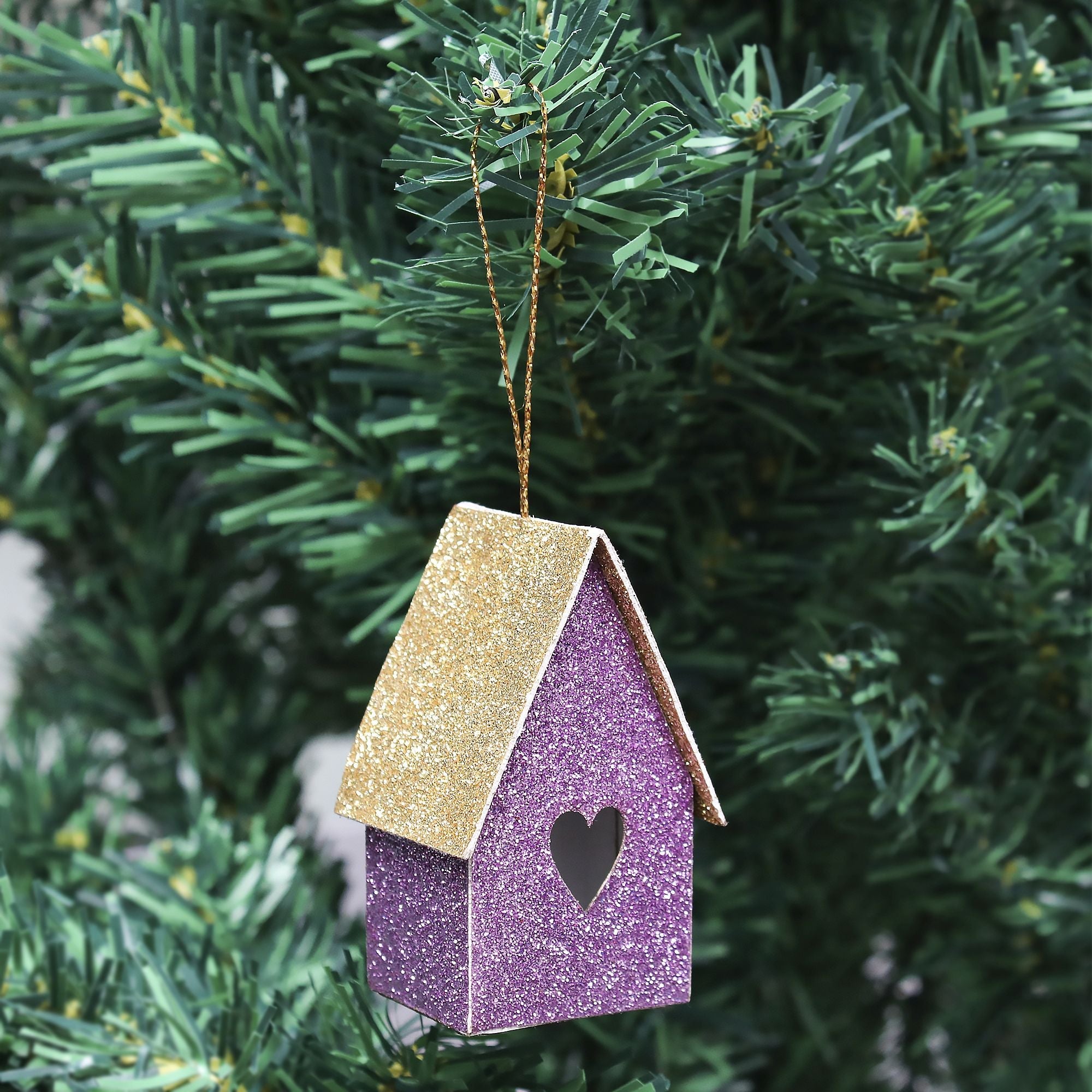 Handmade Christmas Ornaments - Glitter Bird house H 2.5 X W 2.5 X L 1.5inch, purple , 4pc