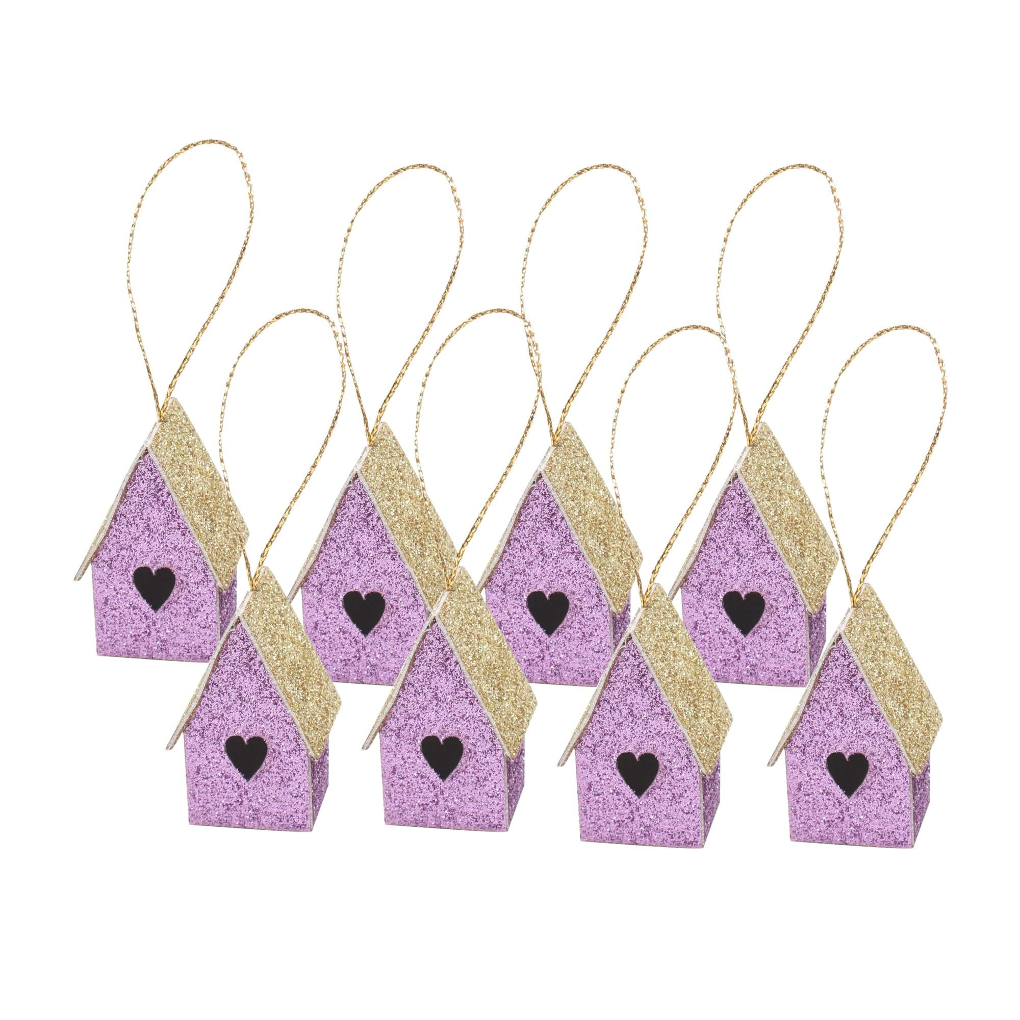 Handmade Christmas Ornaments - Glitter Bird house H 1.5 X W 1.5 X L 1inch, Purple, 8pc