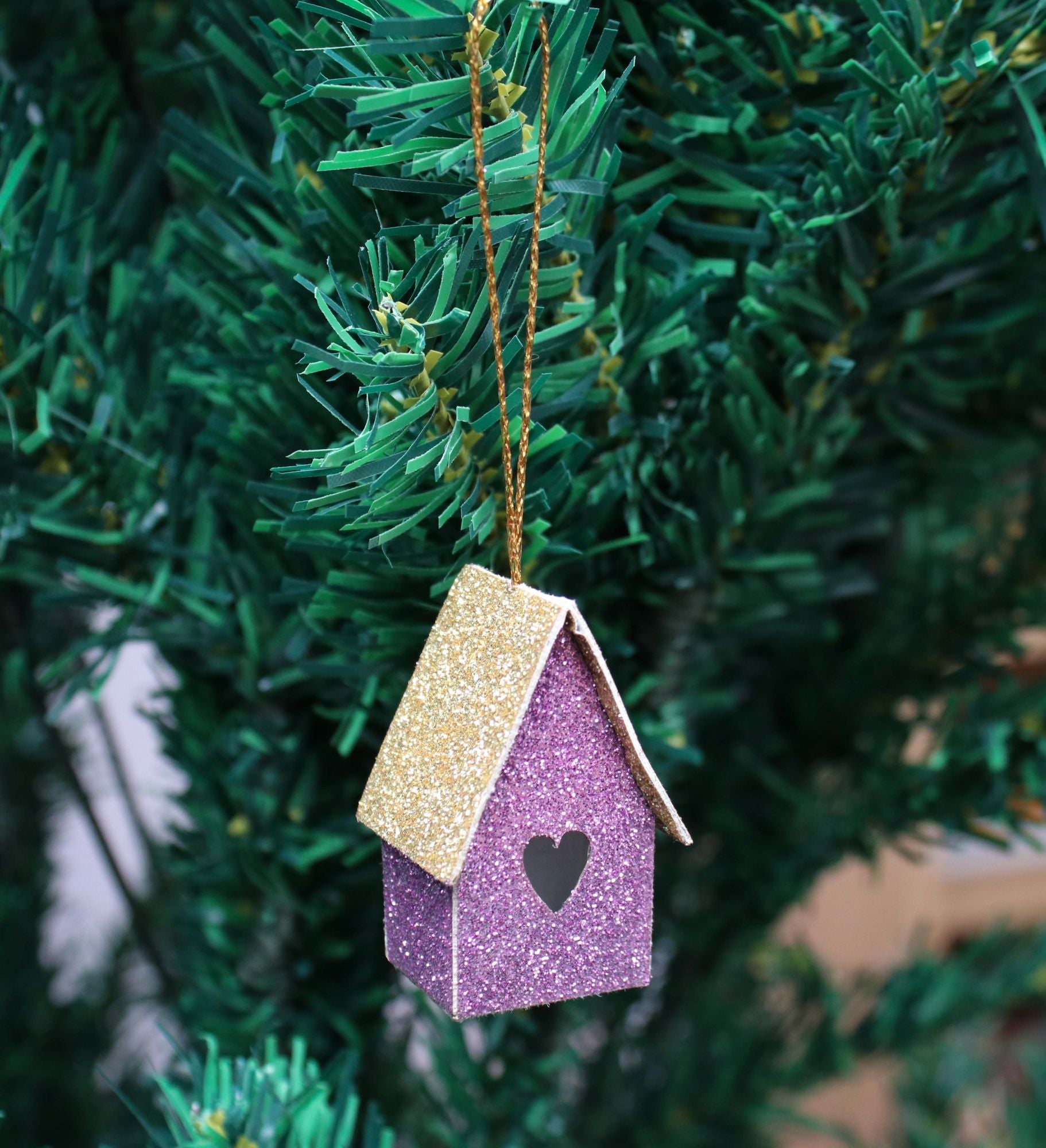Handmade Christmas Ornaments - Glitter Bird house H 1.5 X W 1.5 X L 1inch, Purple, 8pc