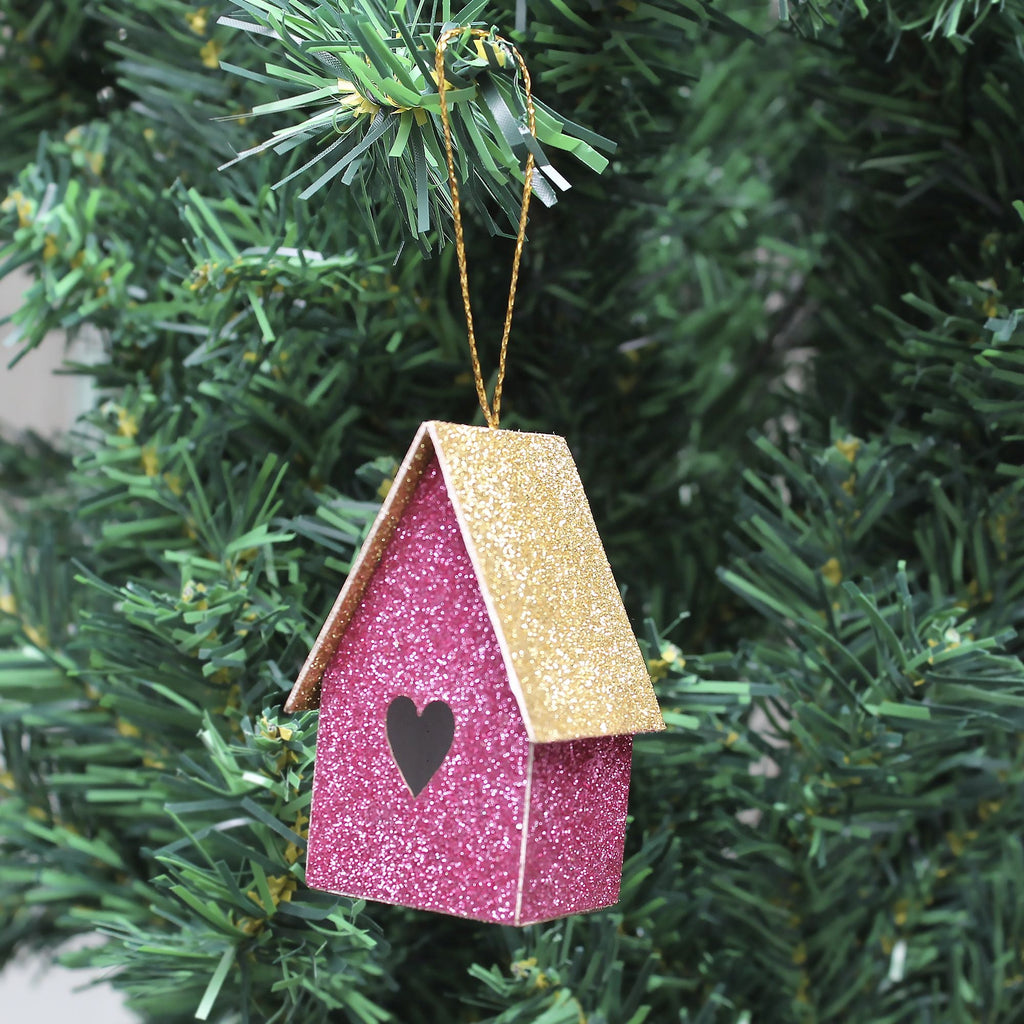 Handmade Christmas Ornaments - Glitter Bird house Height 2.5 X Width2.5 X Length1.5inch, Pink, 4pc