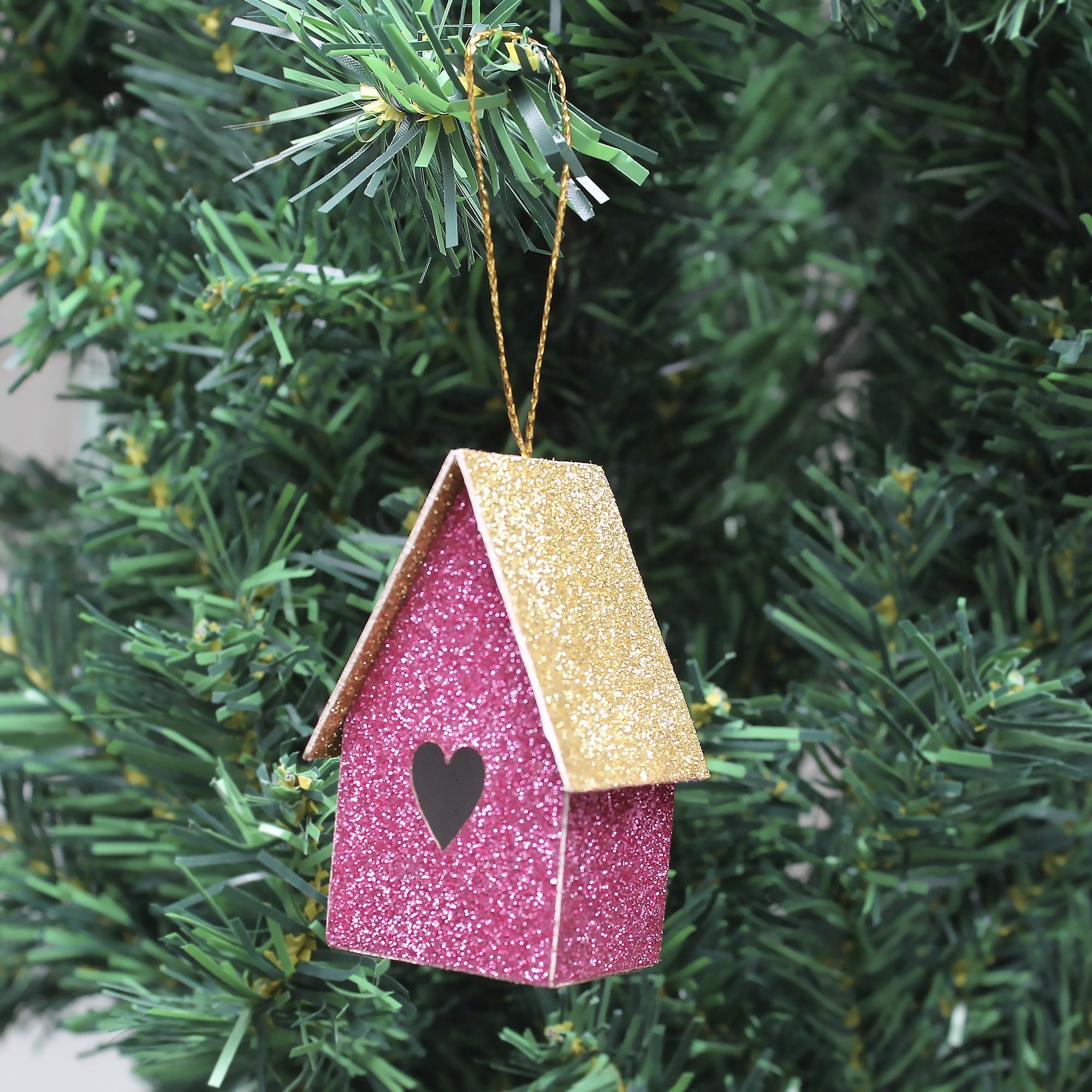 Handmade Christmas Ornaments - Glitter Bird house Height 2.5 X Width2.5 X Length1.5inch, Pink, 4pc