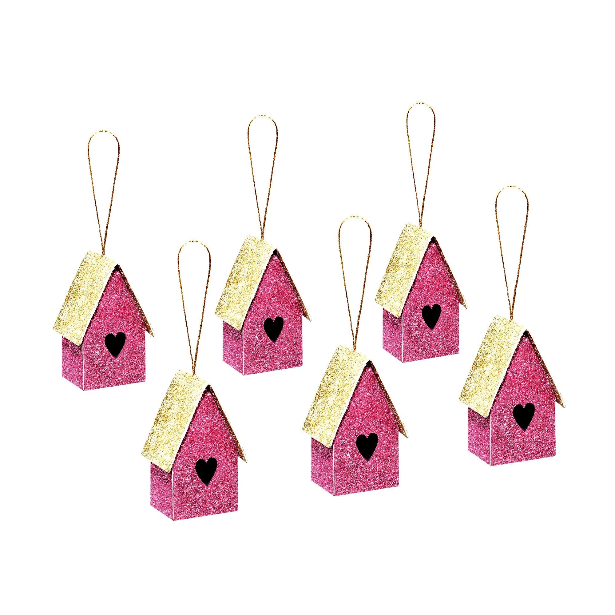 Handmade Christmas Ornaments - Glitter Bird house Height 2 X Width2 X Length1.18inch, Pink, 6pc