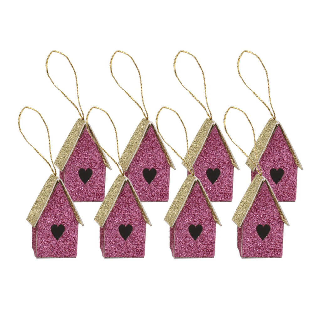 Handmade Christmas Ornaments - Glitter Bird house H 1.5 X W 1.5 X L 1inch, Pink, 8pc
