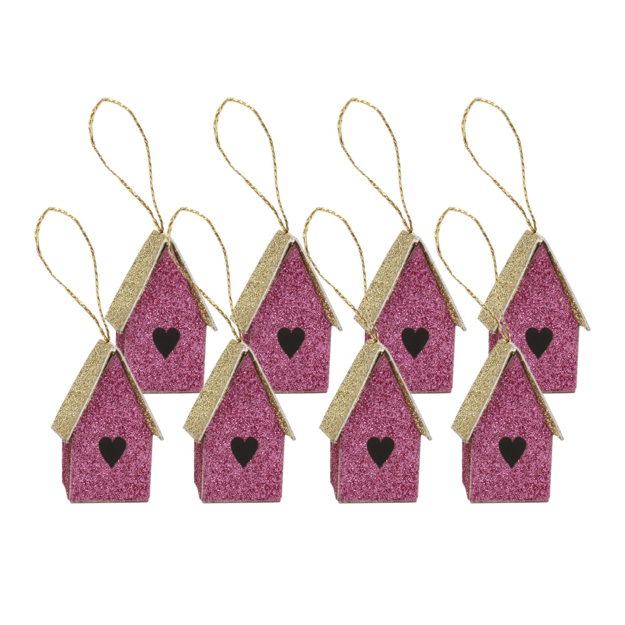 Handmade Christmas Ornaments - Glitter Bird house H 1.5 X W 1.5 X L 1inch, Pink, 8pc