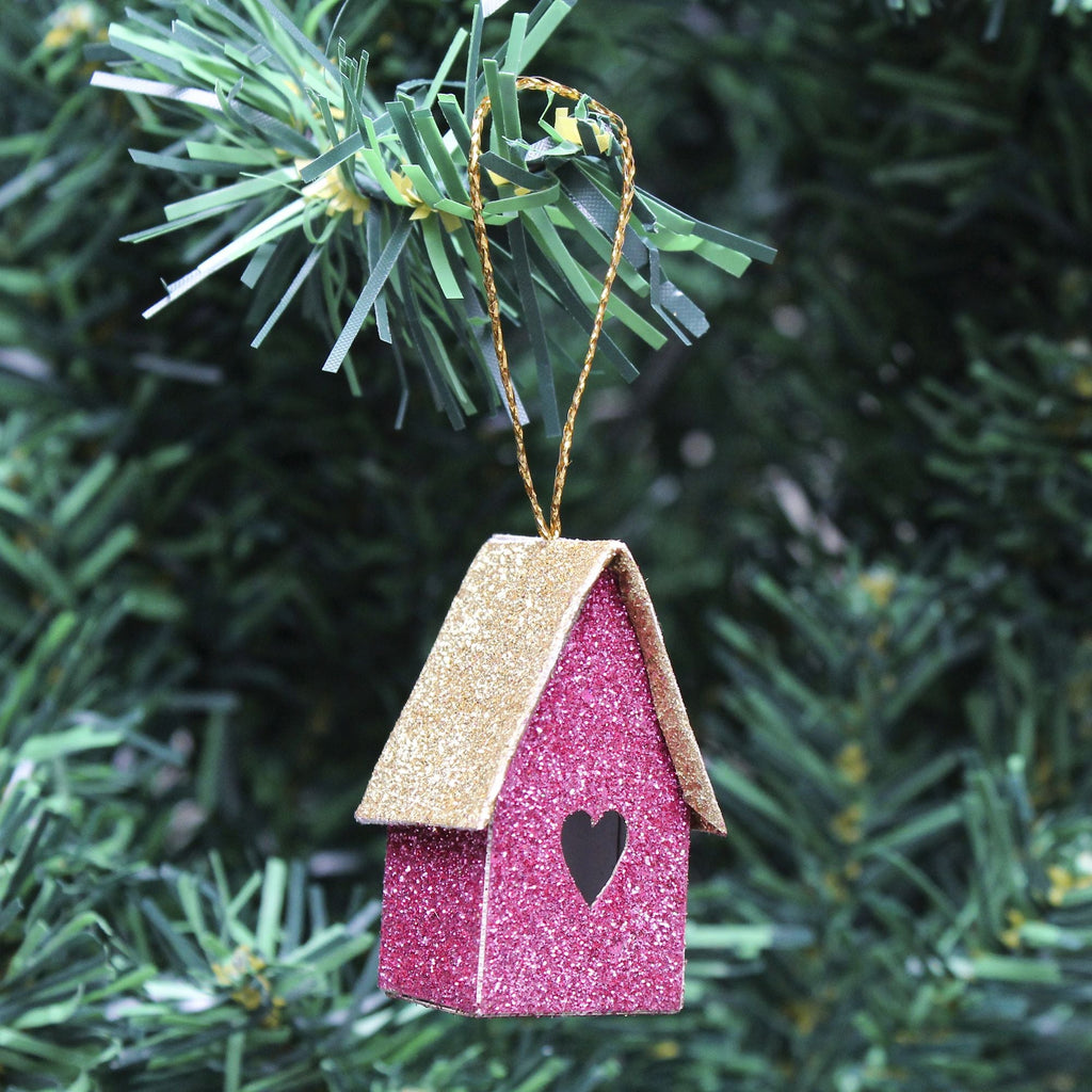 Handmade Christmas Ornaments - Glitter Bird house H 1.5 X W 1.5 X L 1inch, Pink, 8pc