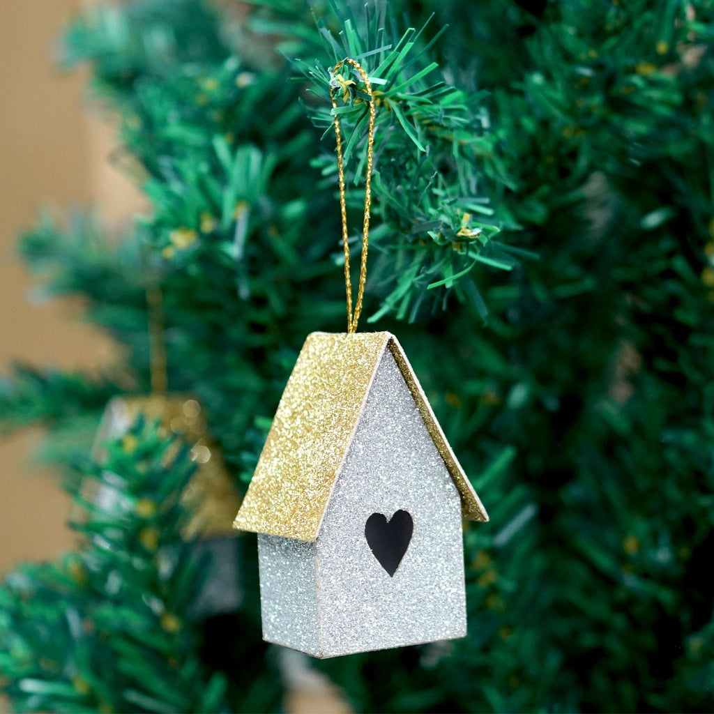 Handmade Christmas Ornaments - Glitter Bird house H 2.5 X W 2.5 X L 1.5inch, Assorted Colours - Gold, Red, Green, Silver, 4pc