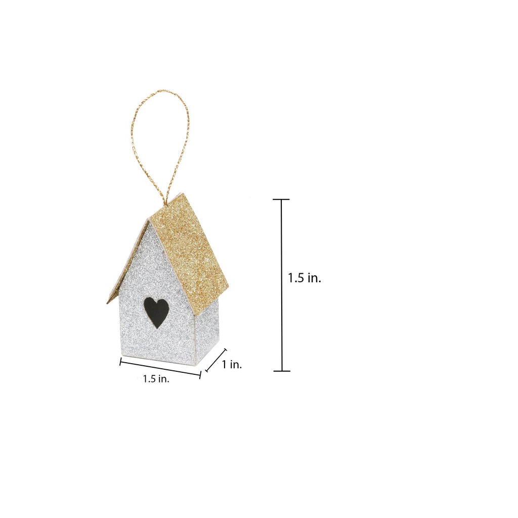 Handmade Christmas Ornaments- Glitter Bird house H 1.5 X W 1.5 X L 1inch, Assorted Colours- Gold, Red, Green, Silver, 8pc