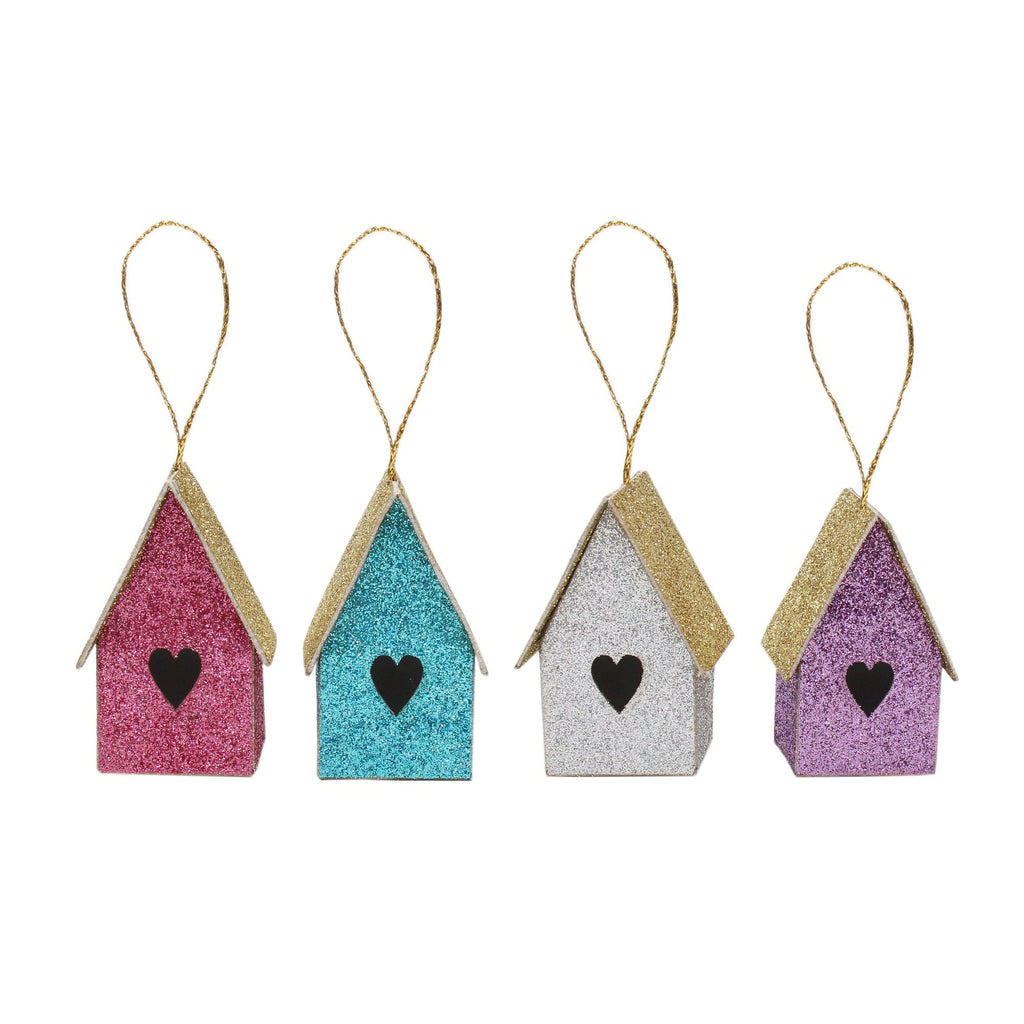 Handmade Christmas Ornaments - Glitter Bird house H 2.5 X W 2.5 X L 1.5inch, Assorted Colours - Blue, Purple, Silver, Pink, 4pc