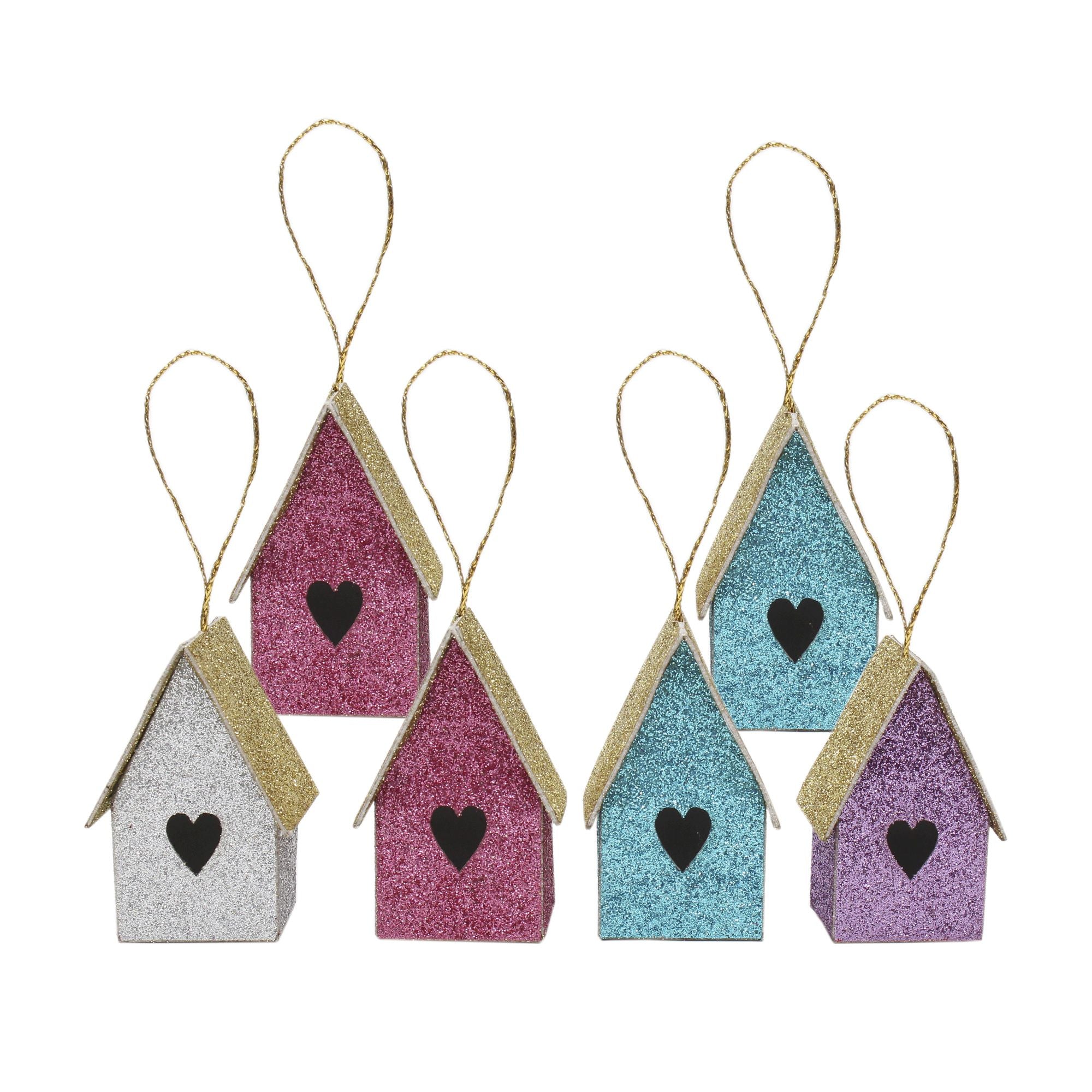 Handmade Christmas Ornaments - Glitter Bird house H 2 X W 2 X L 1.18inch, Assorted Colours - Blue, Purple, Silver, Pink, 6pc