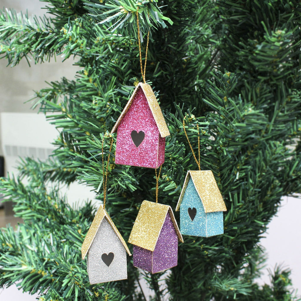 Handmade Christmas Ornaments - Glitter Bird house H 2 X W 2 X L 1.18inch, Assorted Colours - Blue, Purple, Silver, Pink, 6pc