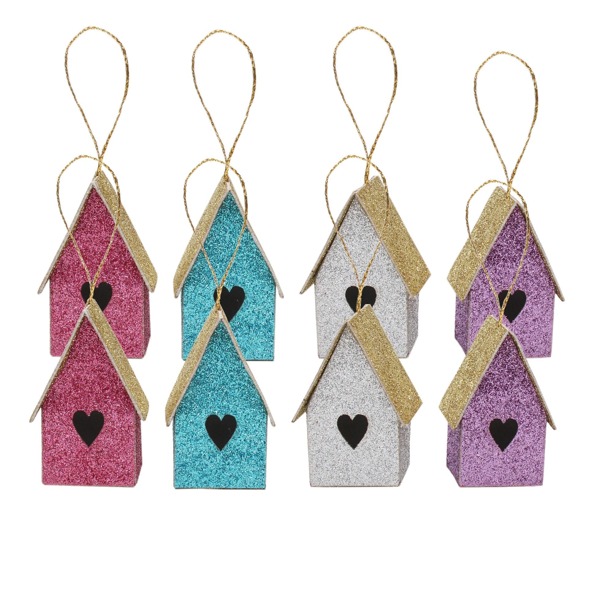 Handmade Christmas Ornaments- Glitter Bird house H 1.5 X W 1.5 X L 1inch, Assorted Colours- Blue, Purple, Silver, Pink, 8pc