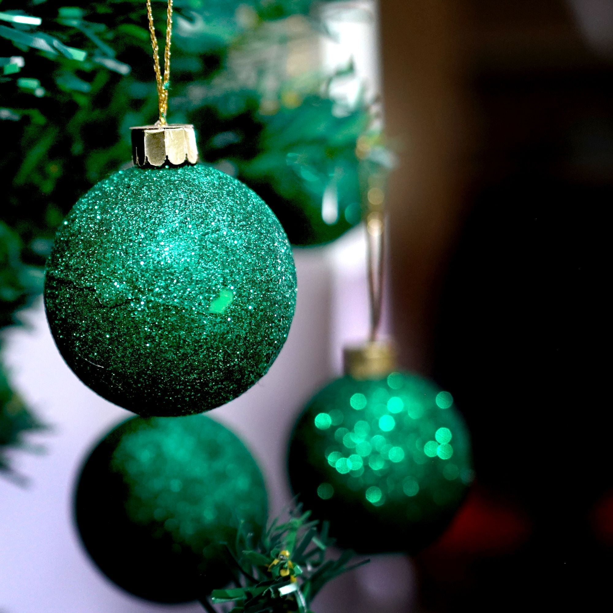 Handmade Christmas Ornaments - Glitter Baubles, 60mm, Green, 6pc
