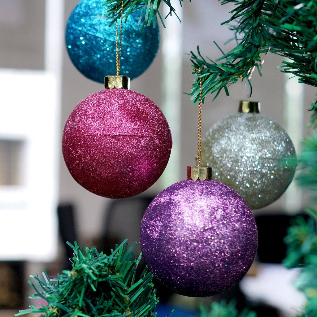Handmade Christmas Ornaments - Glitter Baubles, 70mm, Assorted Colours - Blue, Purple, Silver, Pink, 4pc