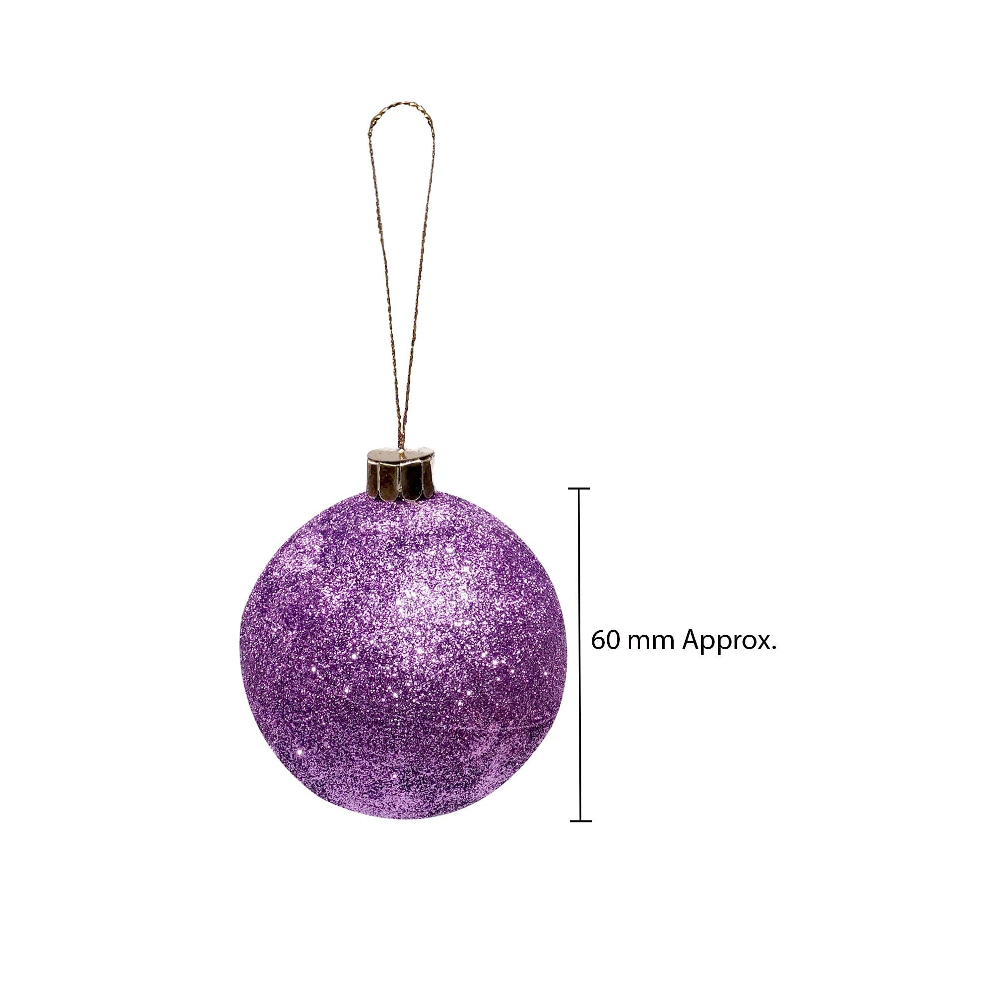 Handmade Christmas Ornaments - Glitter Baubles, 60mm, Assorted Colours Blue, Purple, Silver, Pink, 6pc