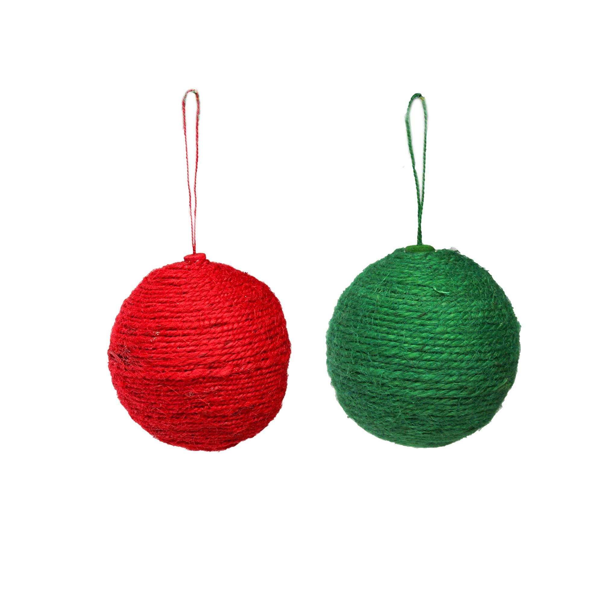 Handmade Christmas Ornaments - Jute Baubles, 70mm, Assorted Colours - Red, Green, 2pc