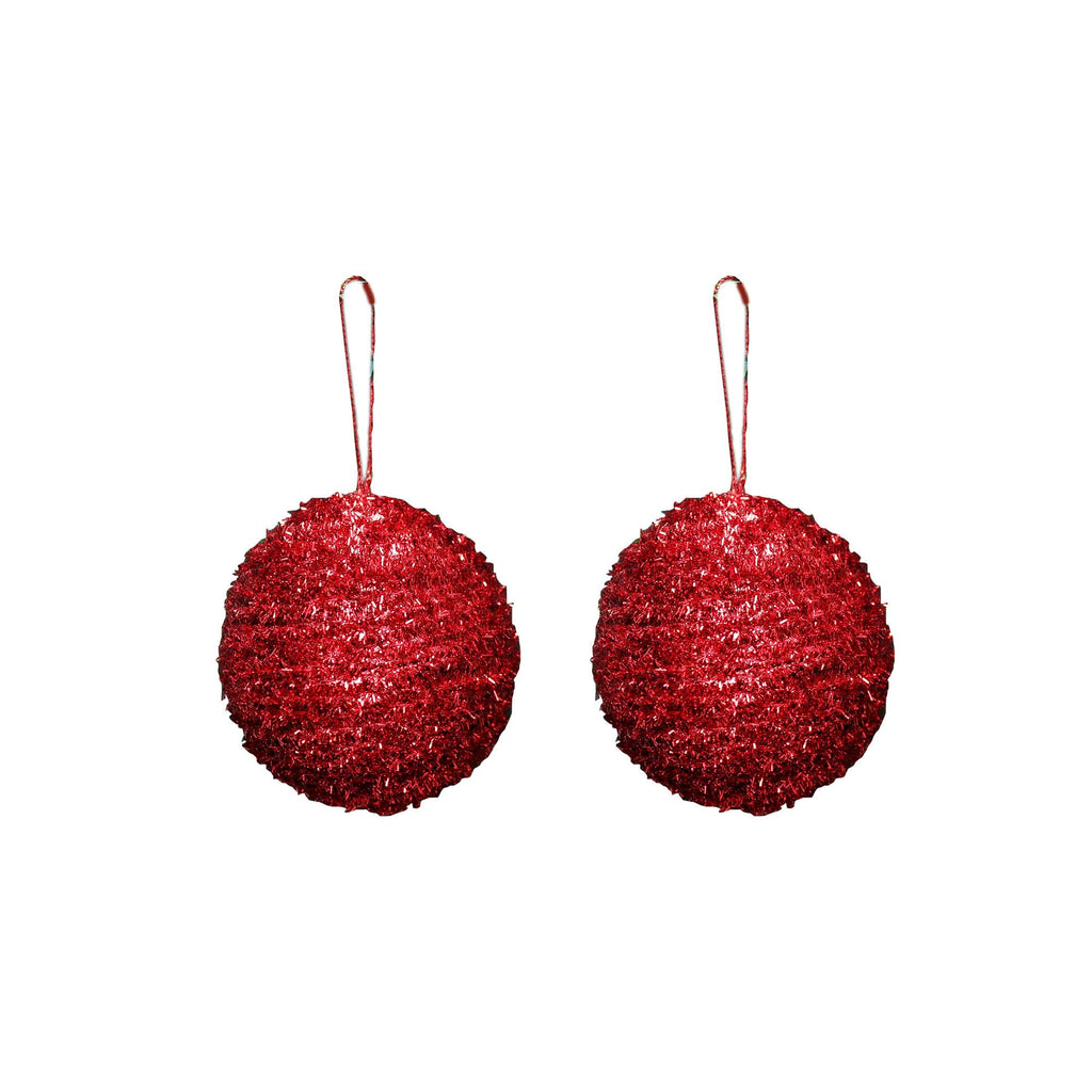 Handmade Christmas Ornaments - Tinsel Baubles, 70mm, Red, 2pc