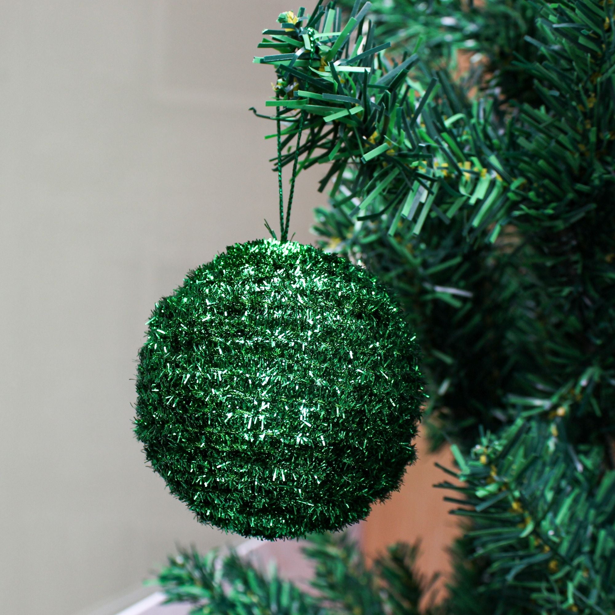 Handmade Christmas Ornaments - Tinsel Baubles, 60mm, Green, 4pc