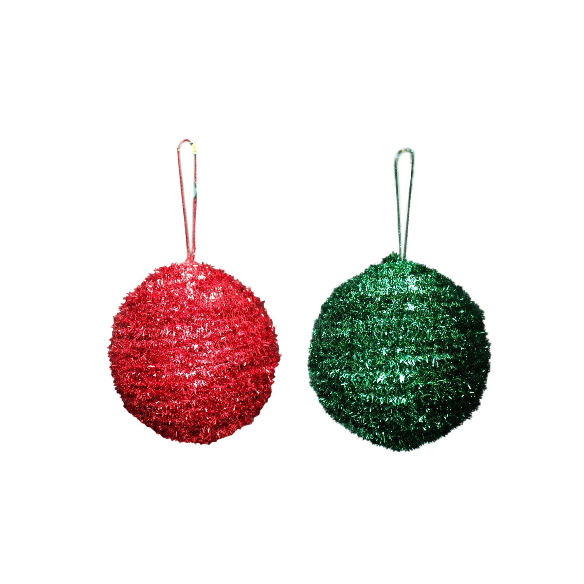Handmade Christmas Ornaments - Tinsel Baubles, 60mm, Assorted Colours -  Red, Green 2pc
