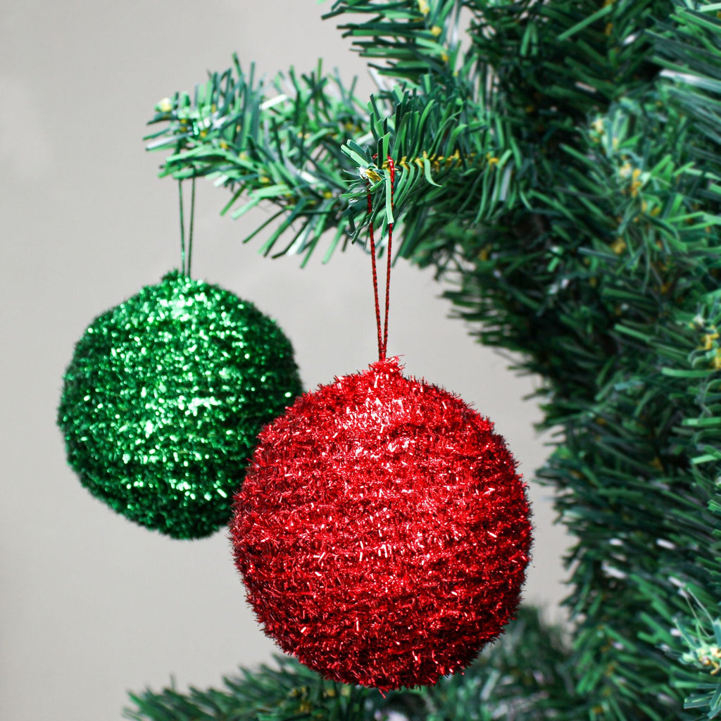 Handmade Christmas Ornaments - Tinsel Baubles, 60mm, Assorted Colours -  Red, Green 2pc