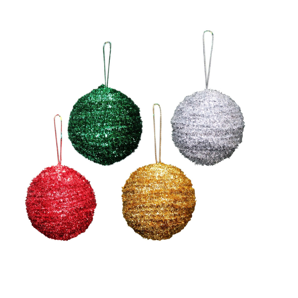 Handmade Christmas Ornaments - Tinsel Baubles, 60mm, Assorted Colours -  Red, Green, Silver, Gold, 4pc