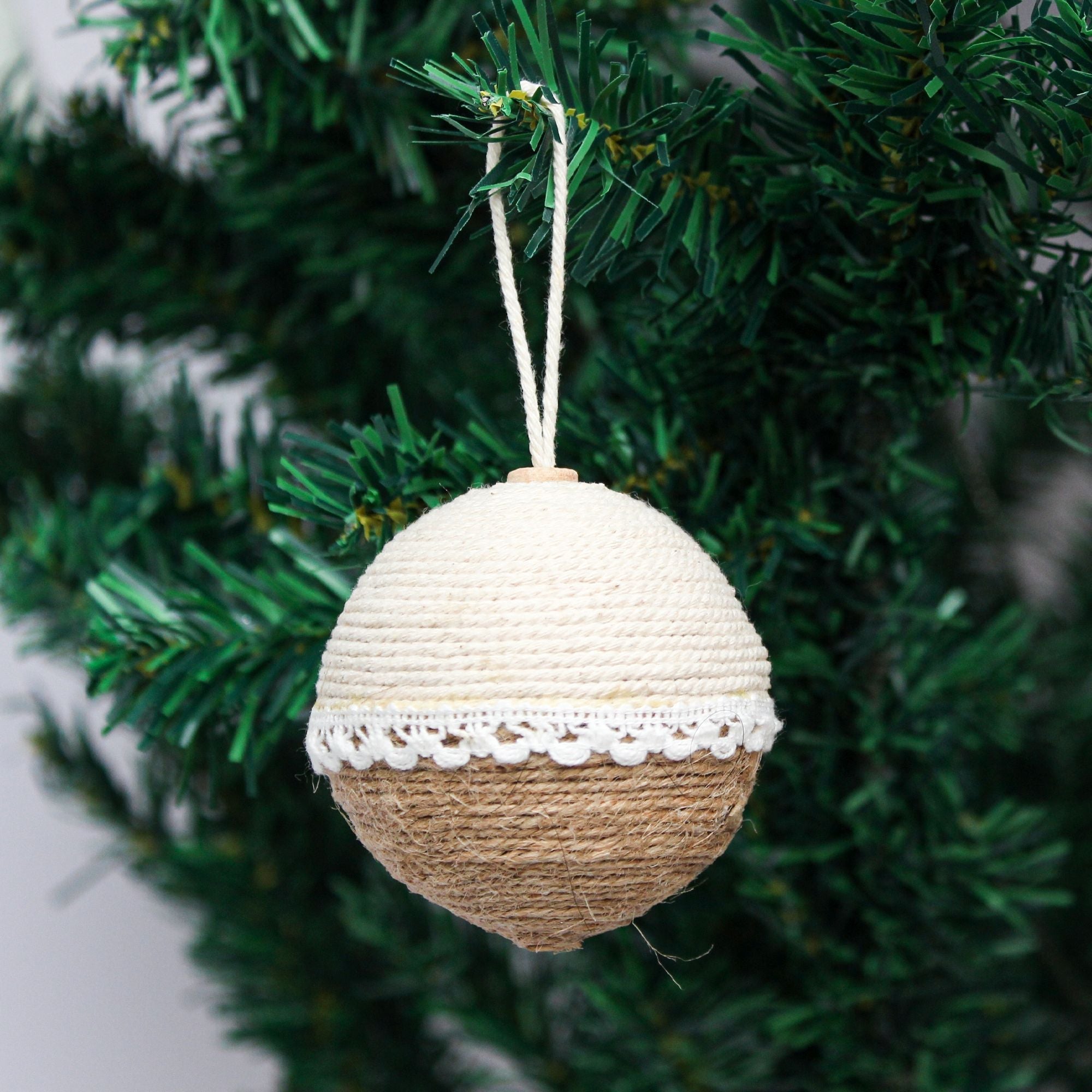 Handmade Christmas Ornaments - Jute and Cotton Thread Baubles, 60mm, 4pc