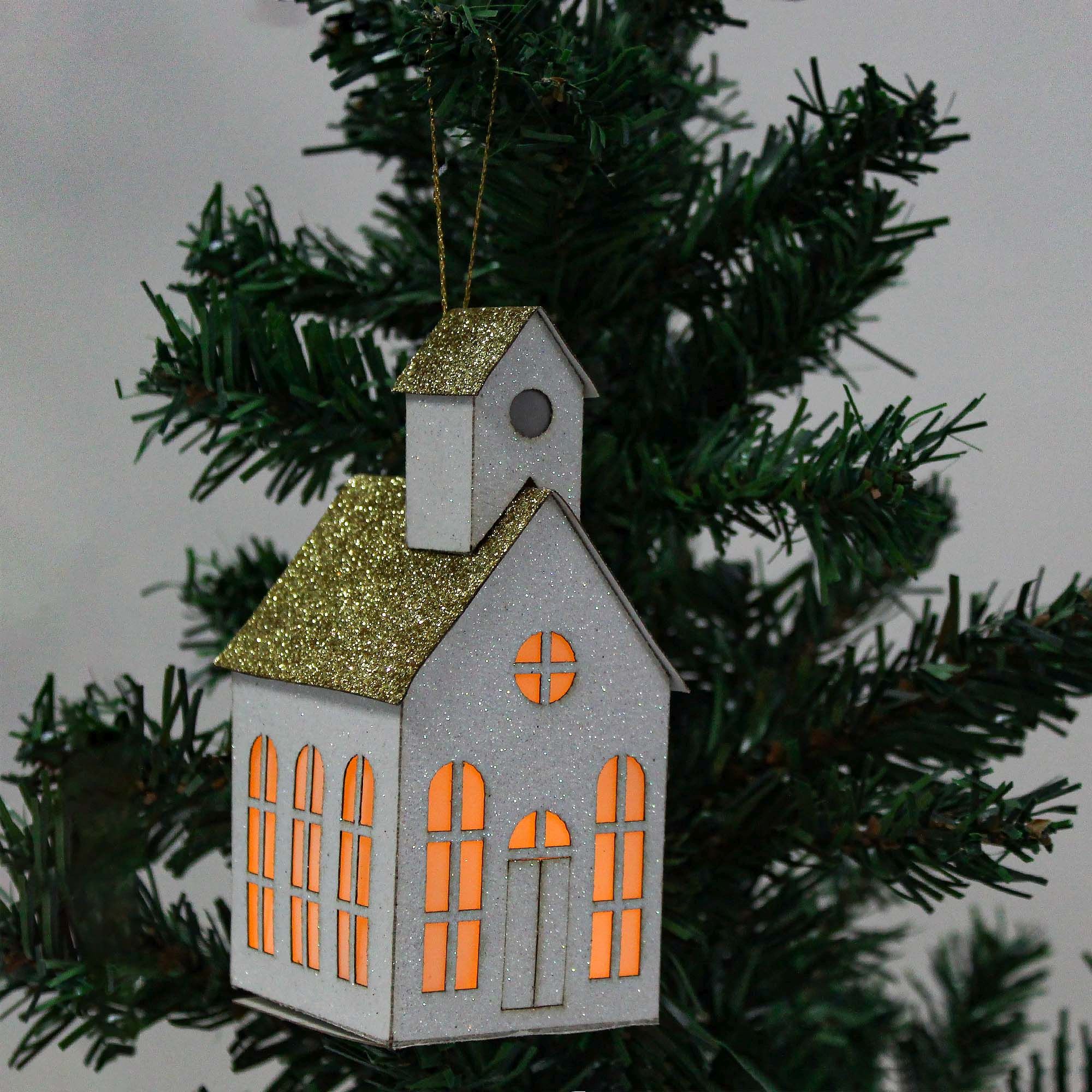 Handmade Christmas Hanging Ornament - Glitter House, H 5 X W 2 X L 2.2inch, Gold, 1pc